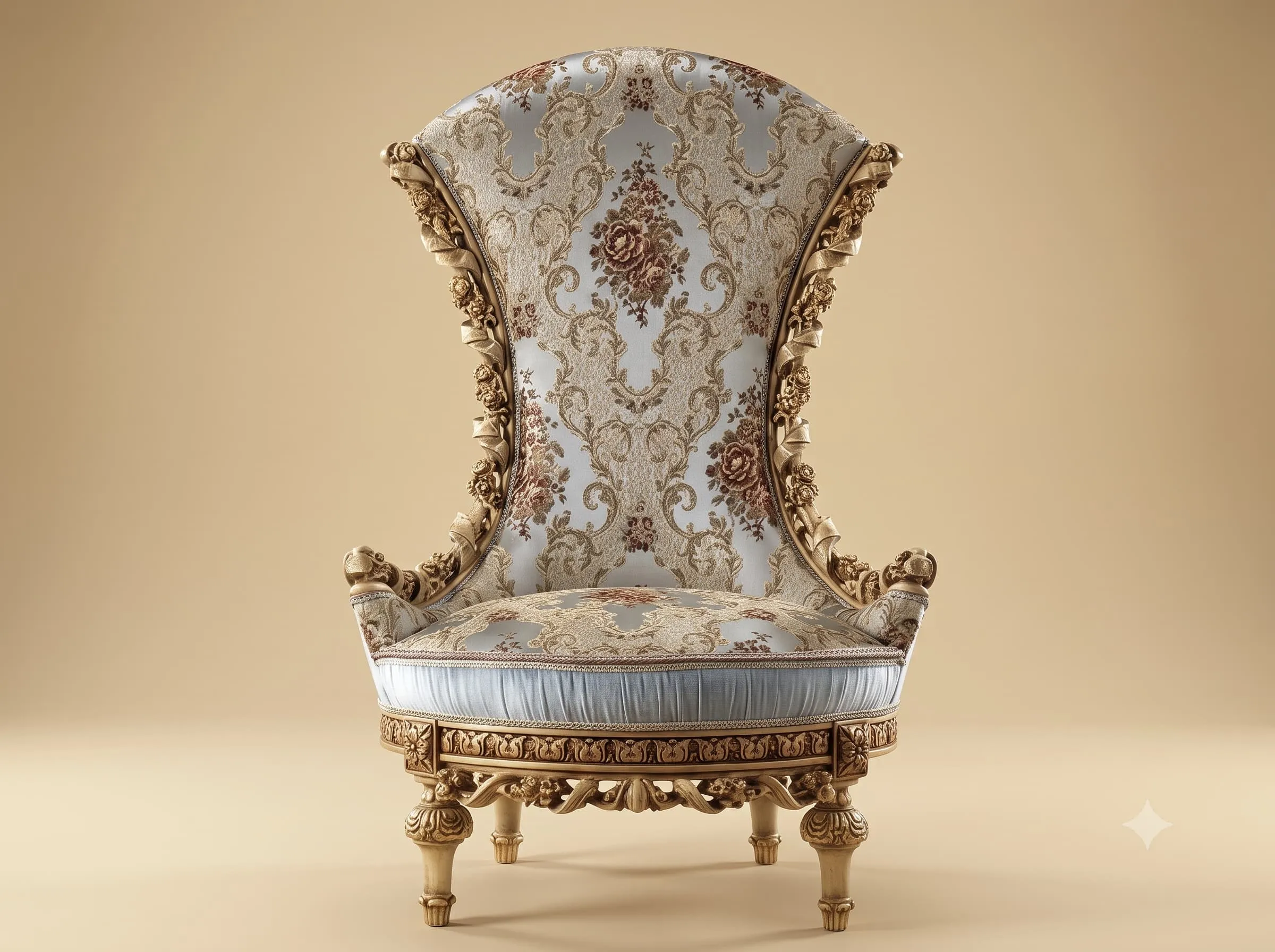 Brocade Chair in Carved Teak with a Fan Back and Ruched Seat Edge