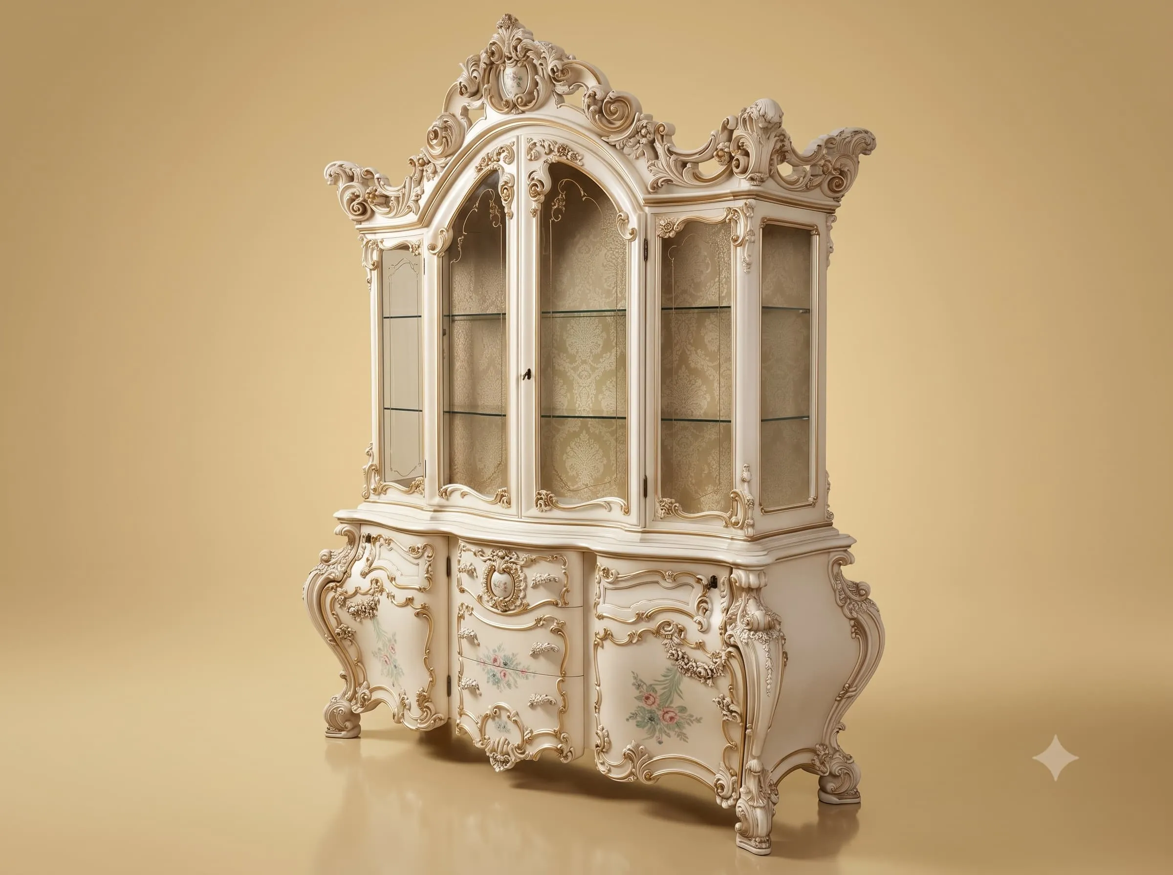 Three Door Showcase in Carved Cream Teak with Fabric Lined Back