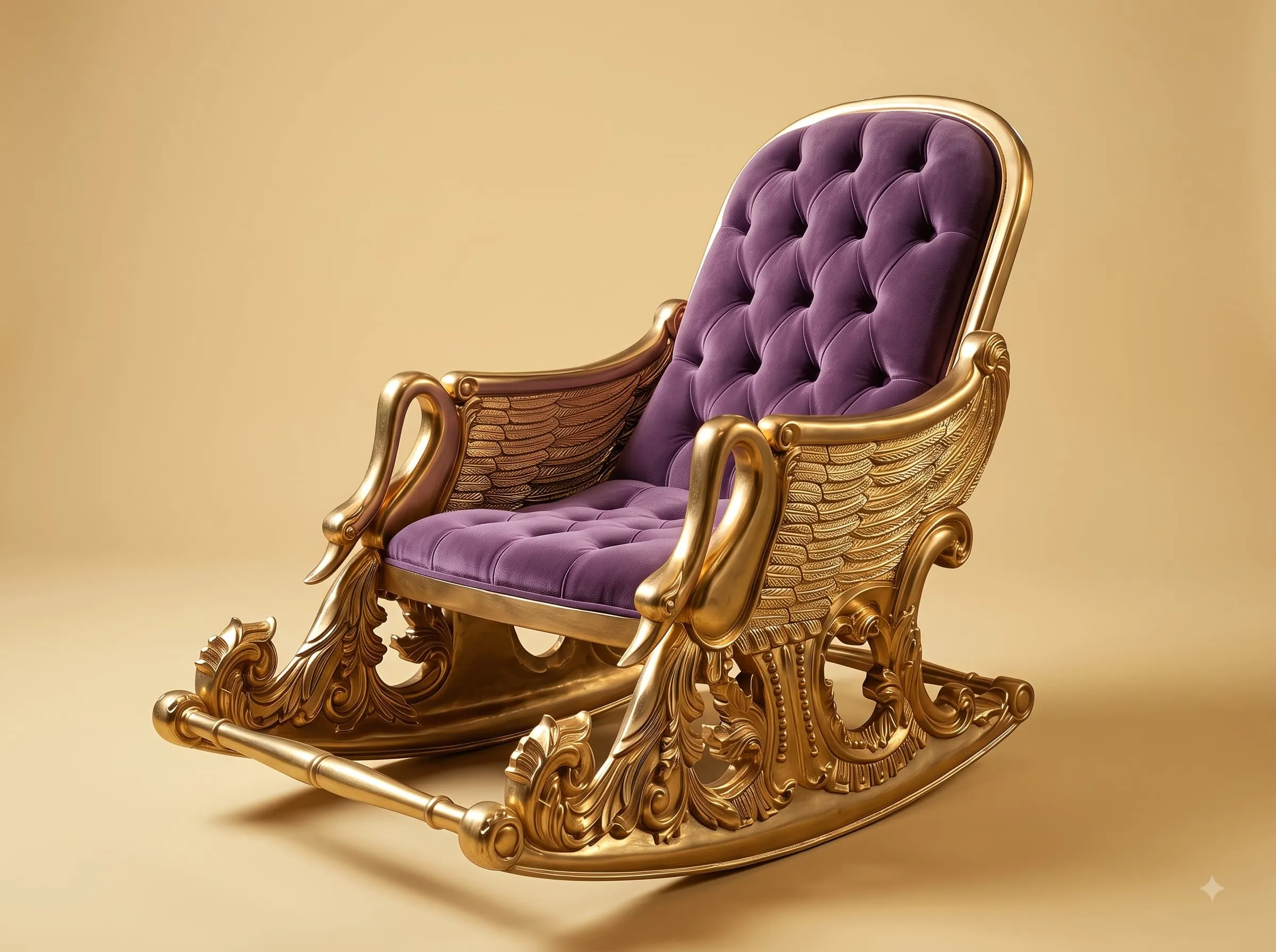 Rocking Chair in Gilded Carved Teak with Purple Velvet Buttoning