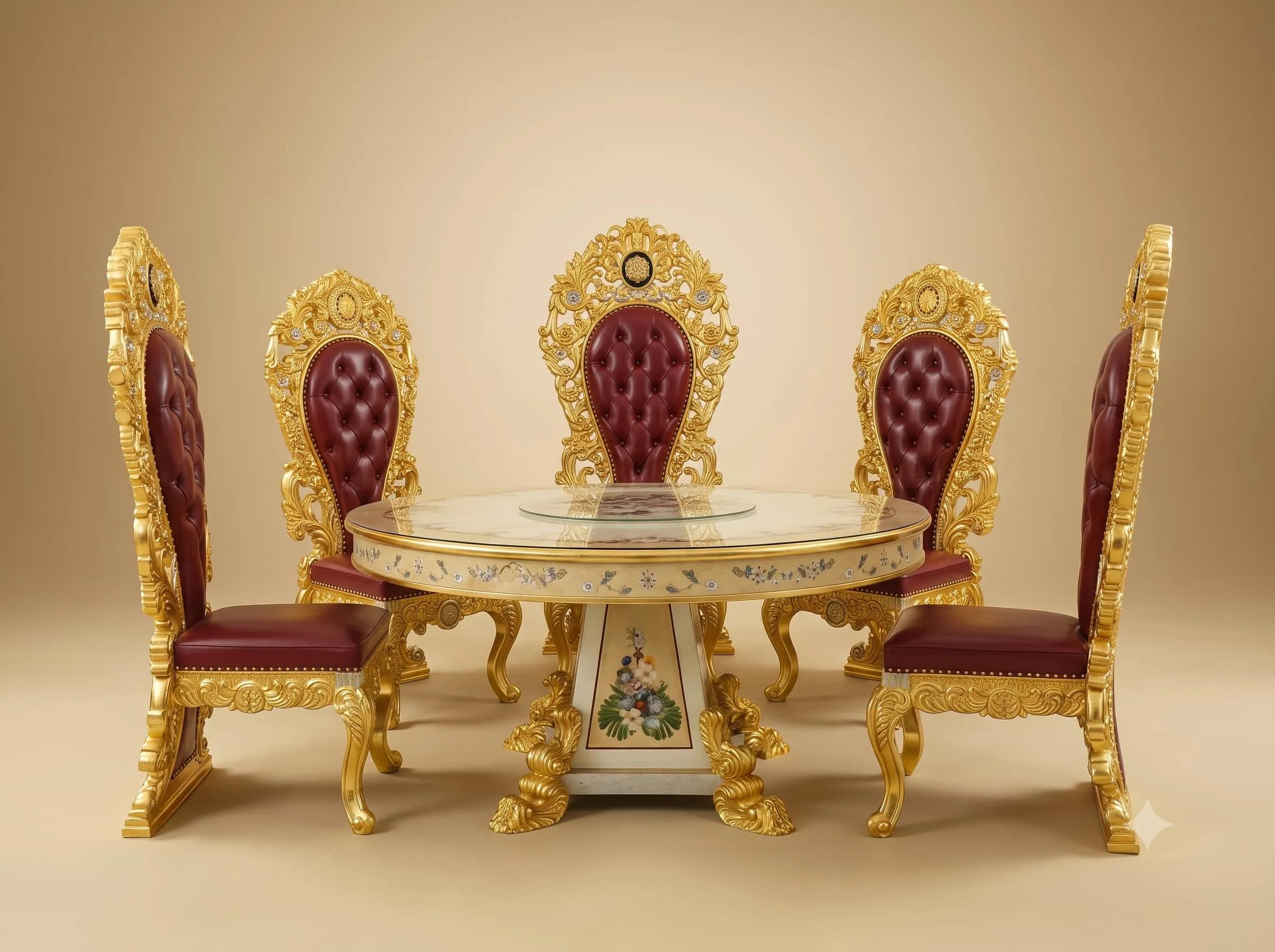 Hand Painted Dining Table Set in Carved Teak with Gilded Chairs
