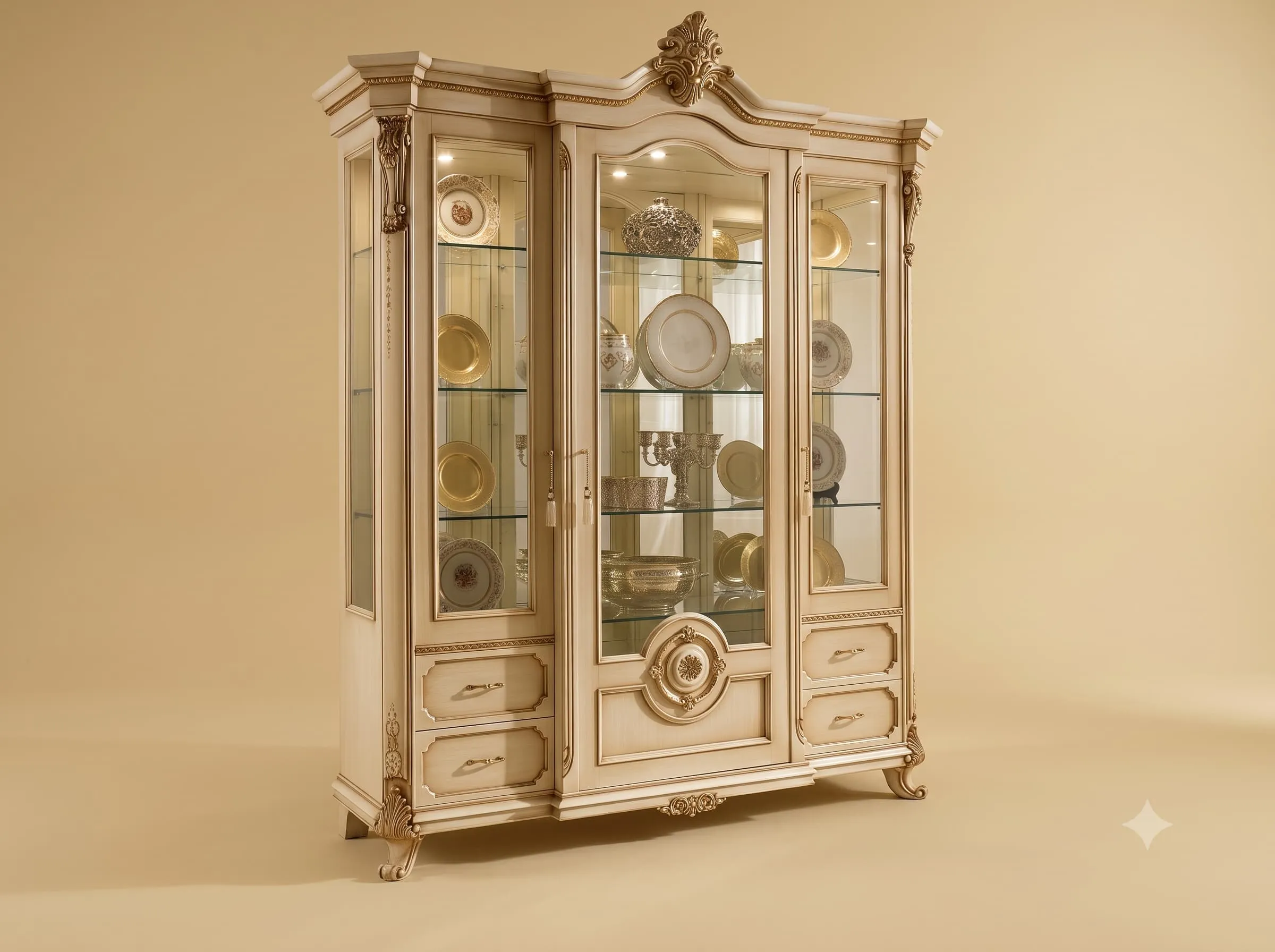 Showcase with Lights in Carved Teak with Glass Shelves and Drawers