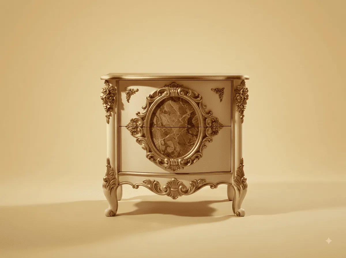 Designer Bedside Table in Carved Teak - Cream with Oval Stone Inset