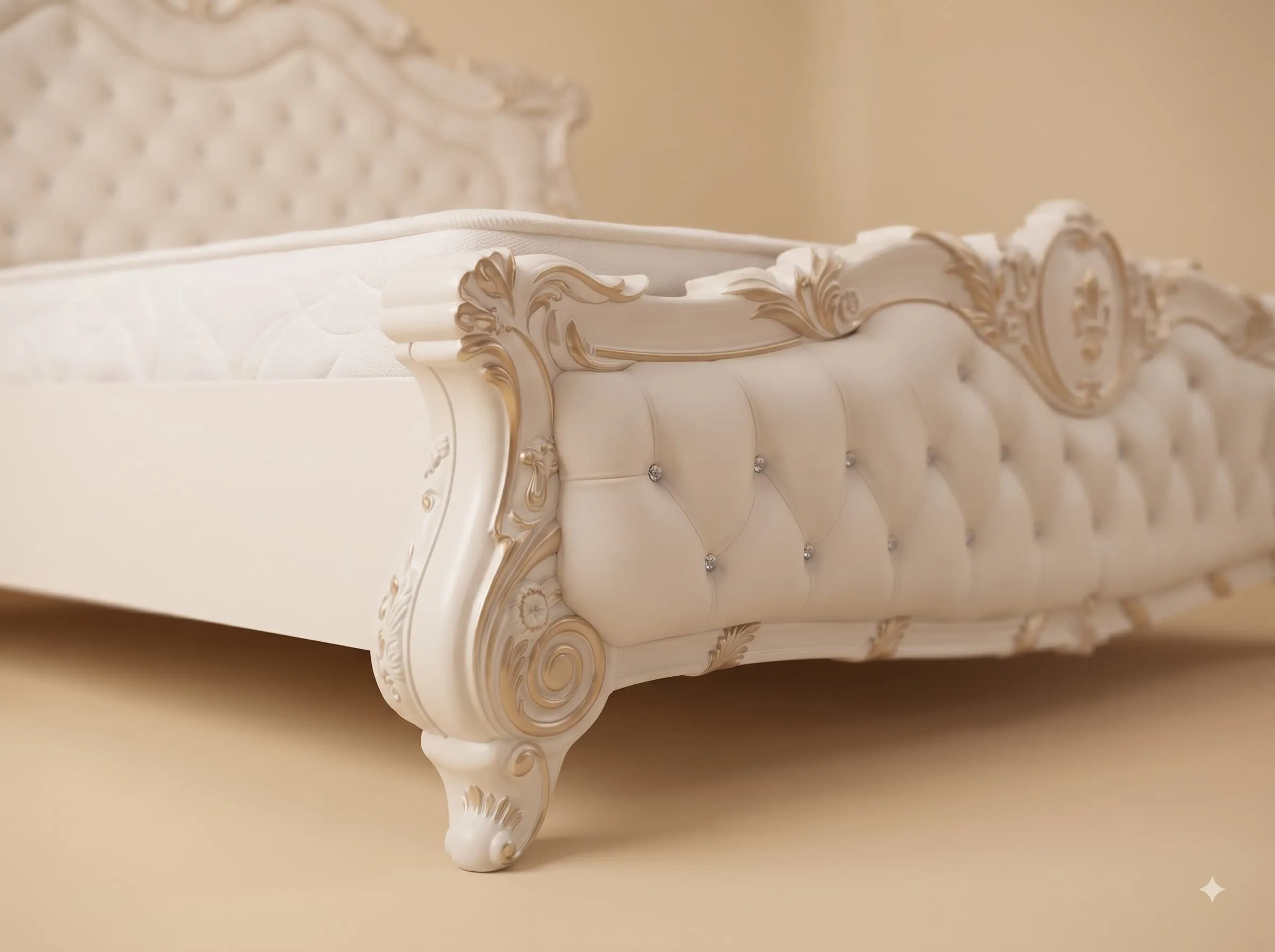 Cushioned Bed in Carved Teak - Cream and Gold with Crystal Buttons