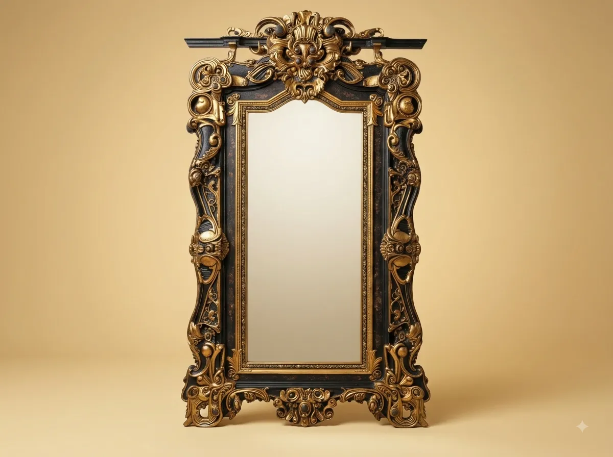 Black Wall Mirror in Carved Teak with Gilded Scrollwork and a Shell Crest