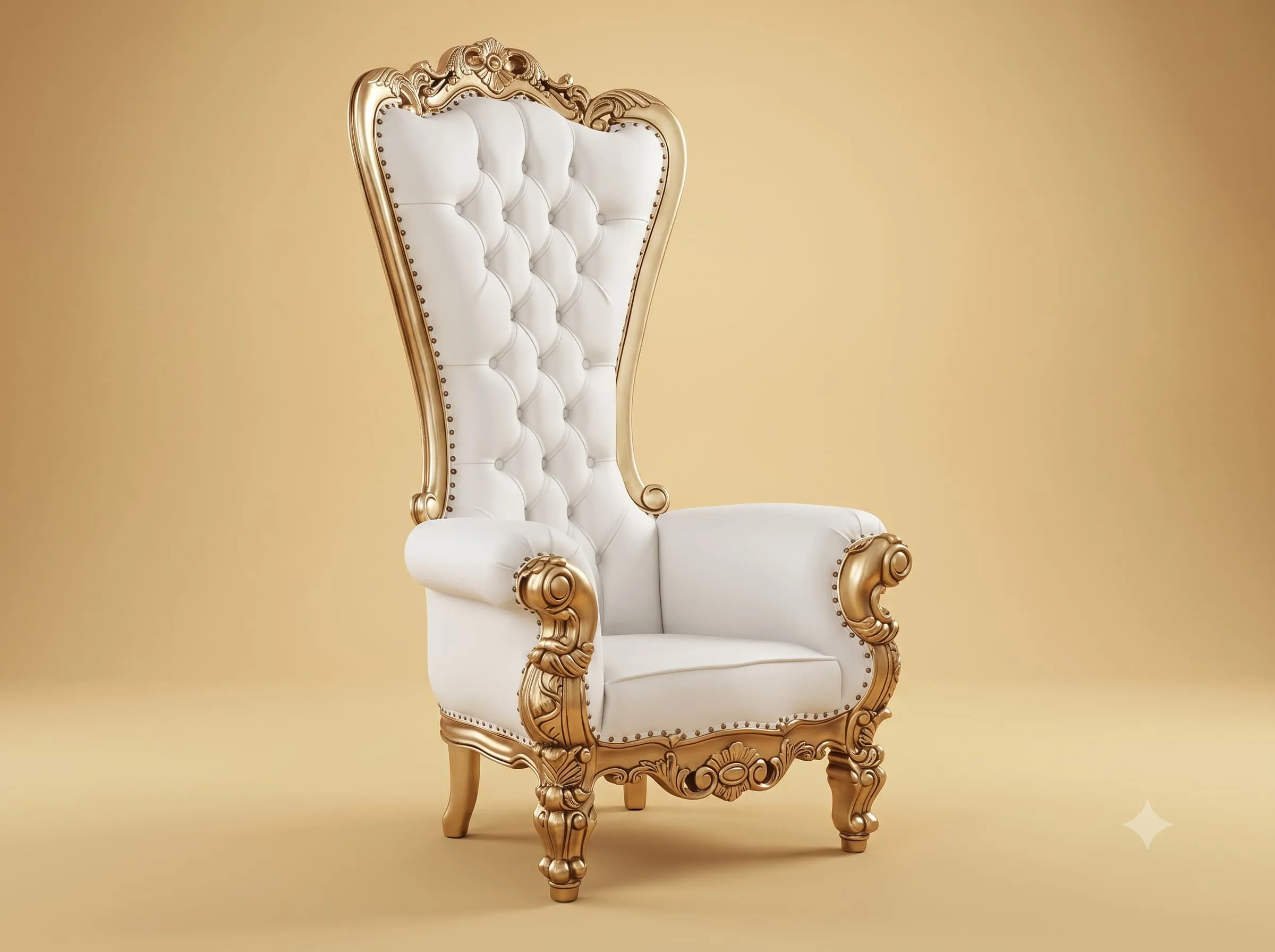 Bridal Chair in Carved Teak with White Leather and Gold Finish