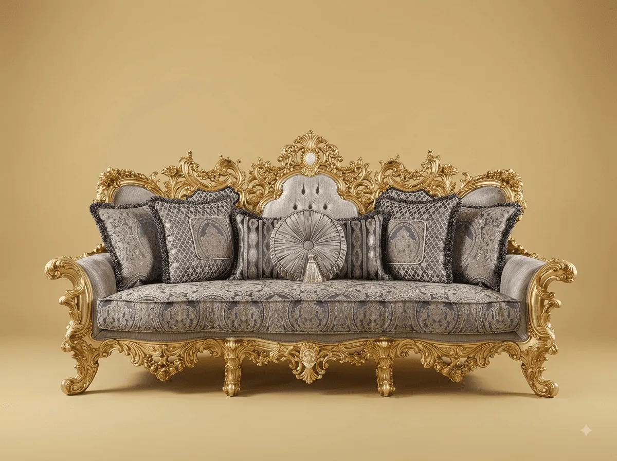 Gold and Grey Sofa in Carved Teak - 3 Seater Silver Brocade Seat