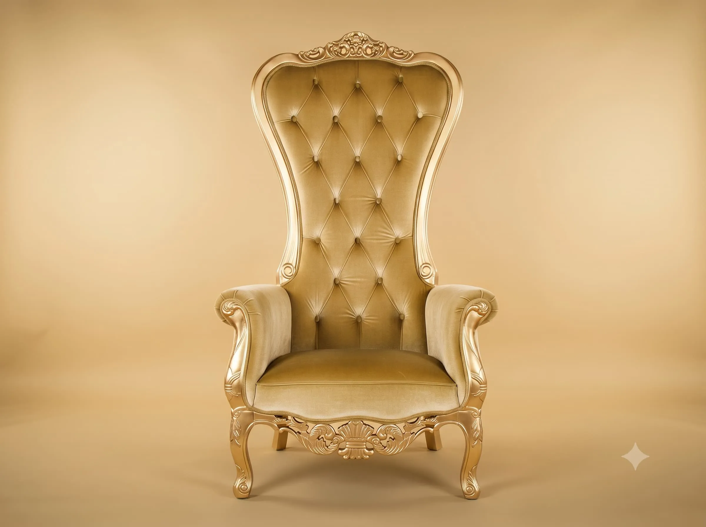 Gold Velvet Chair with Tall Buttoned Back in Carved Teak