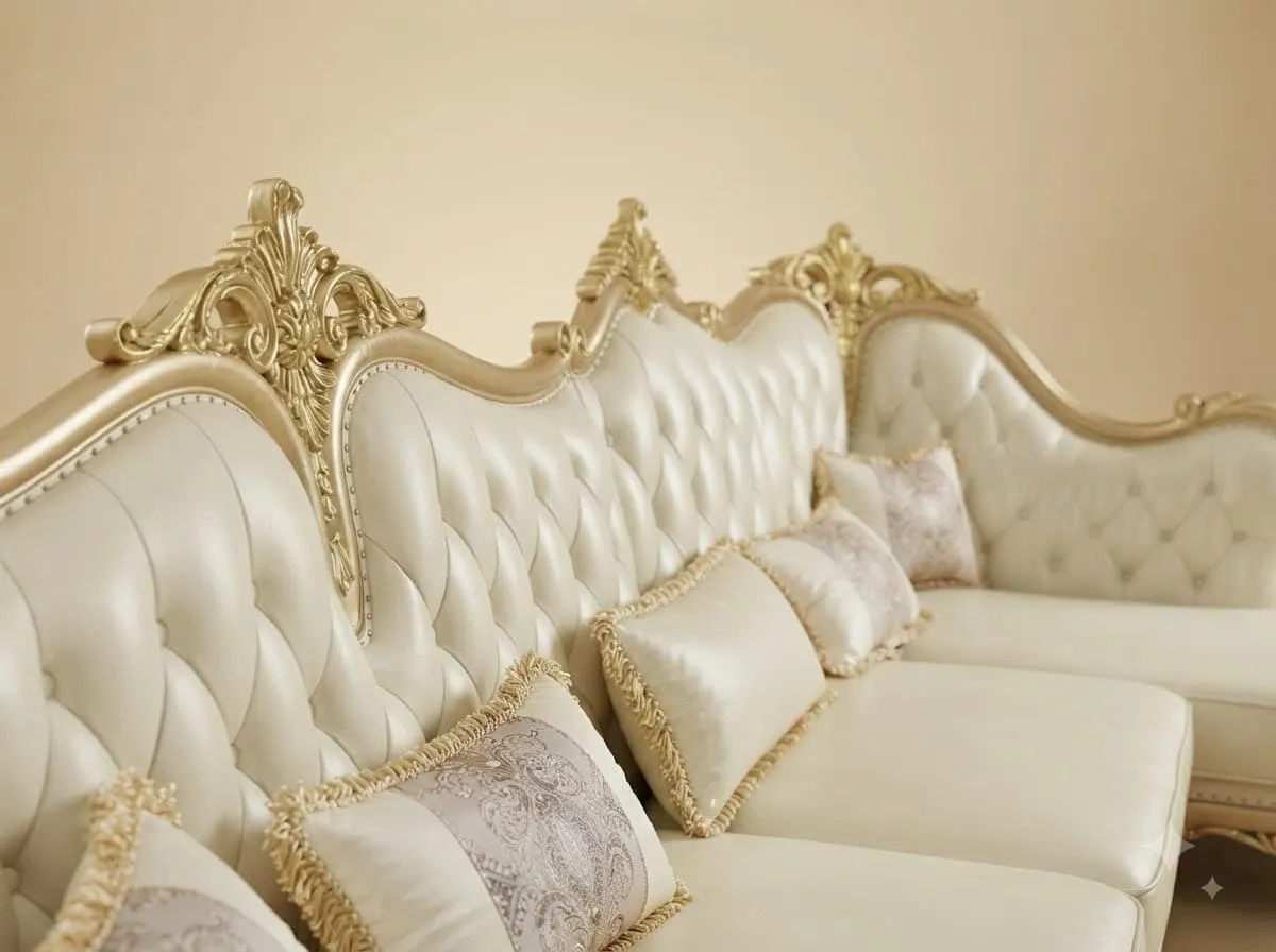 L Shape Sofa in Carved Teak - Cream Buttoned Back with Chaise