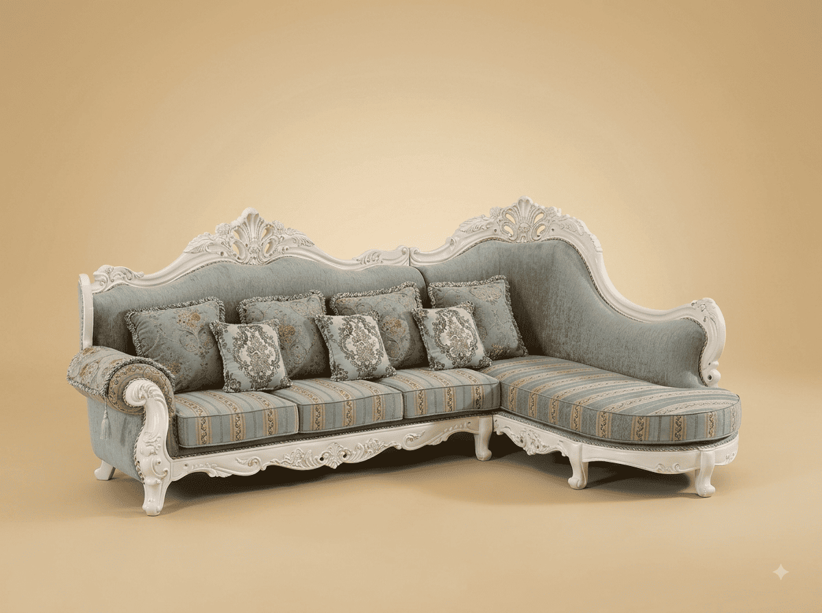 Chaise Lounge Sofa in Carved Teak - White Frame in Duck Egg Blue