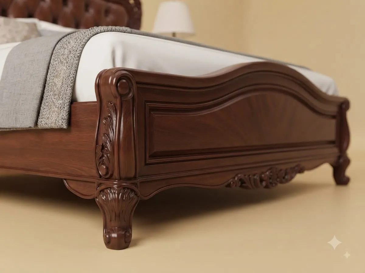 Leather Bed in Solid Teak - King Size with Tan Buttoned Headboard