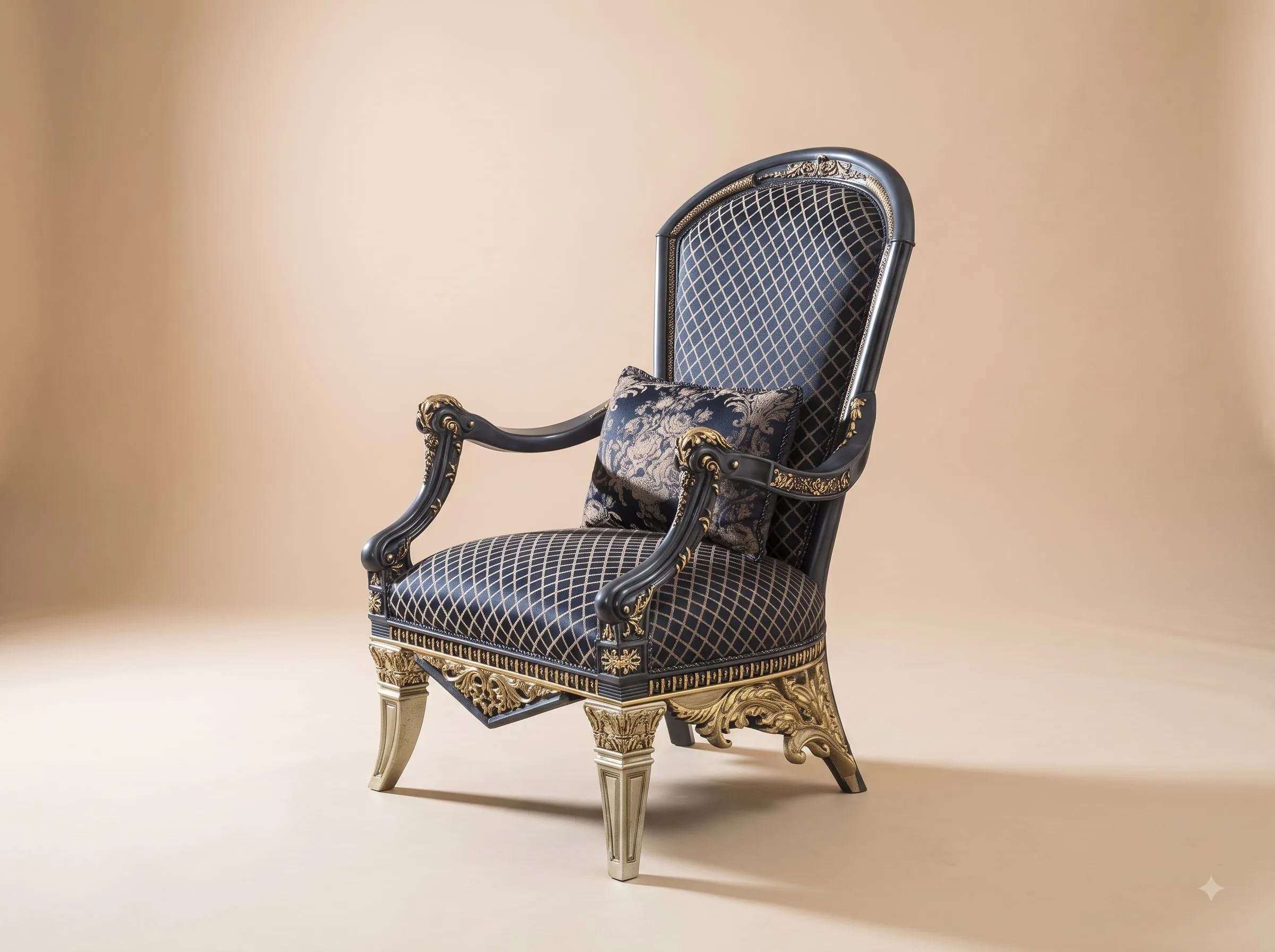 Occasional Chair in Carved Teak - Navy and Gold with Lattice Weave