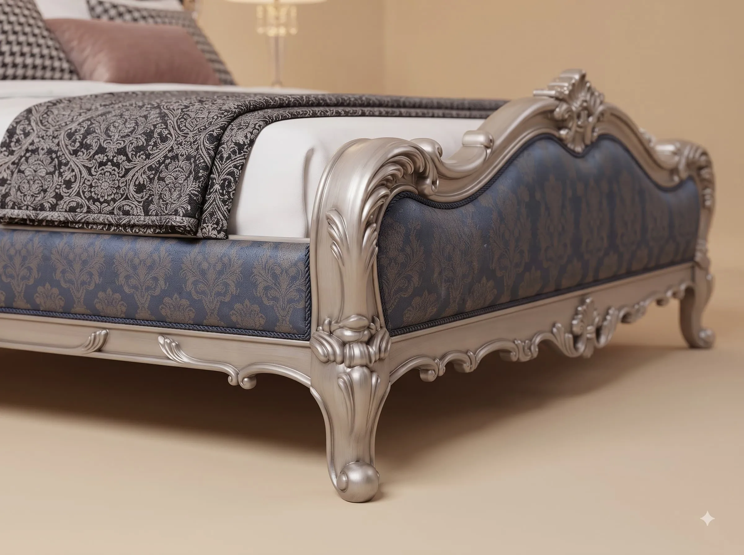 Blue Upholstered King Size Bed in Teak - Silver Carved Damask Frame