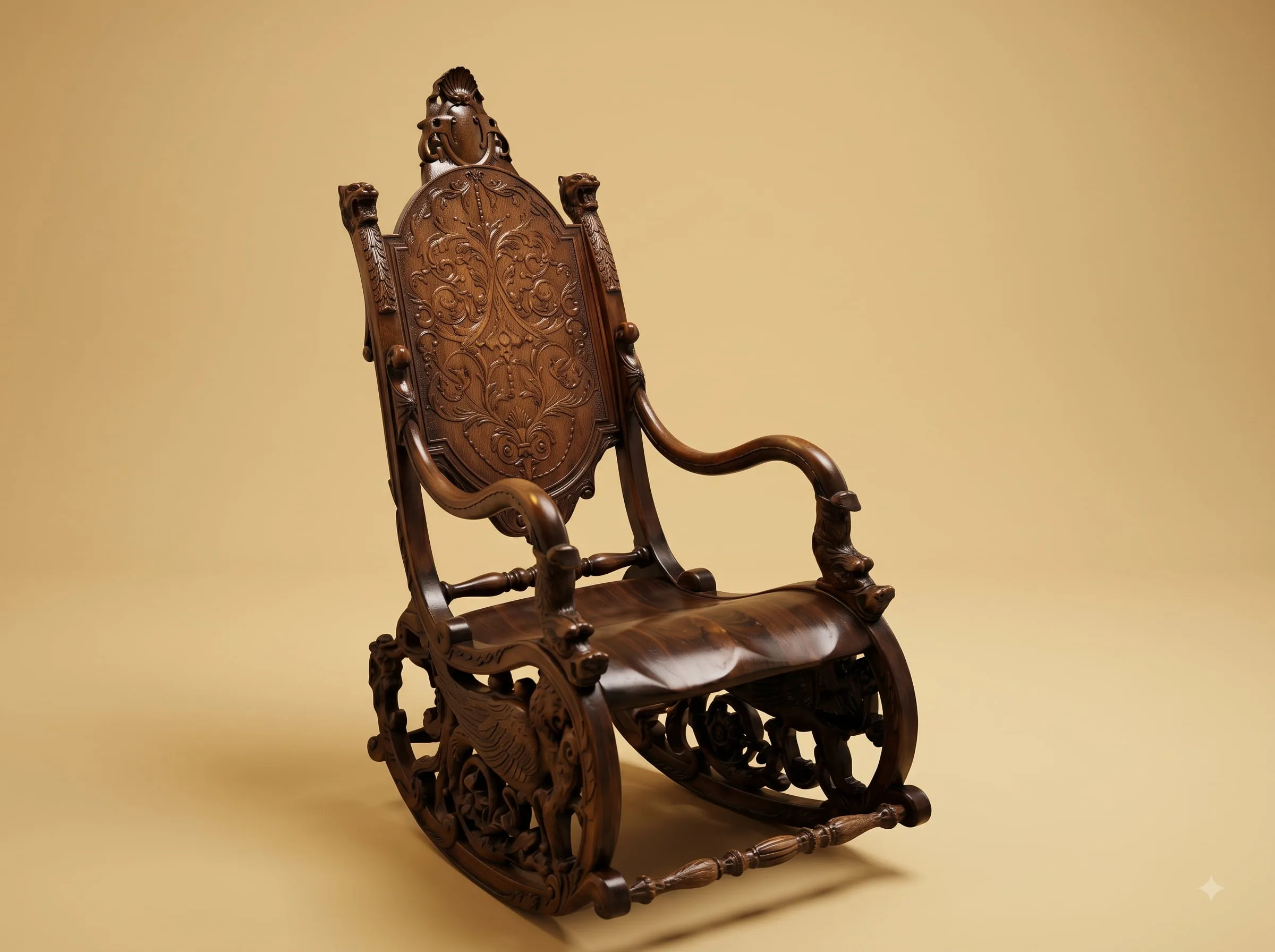 Teak Wood Rocking Chair with Carved Back and Saddle Seat