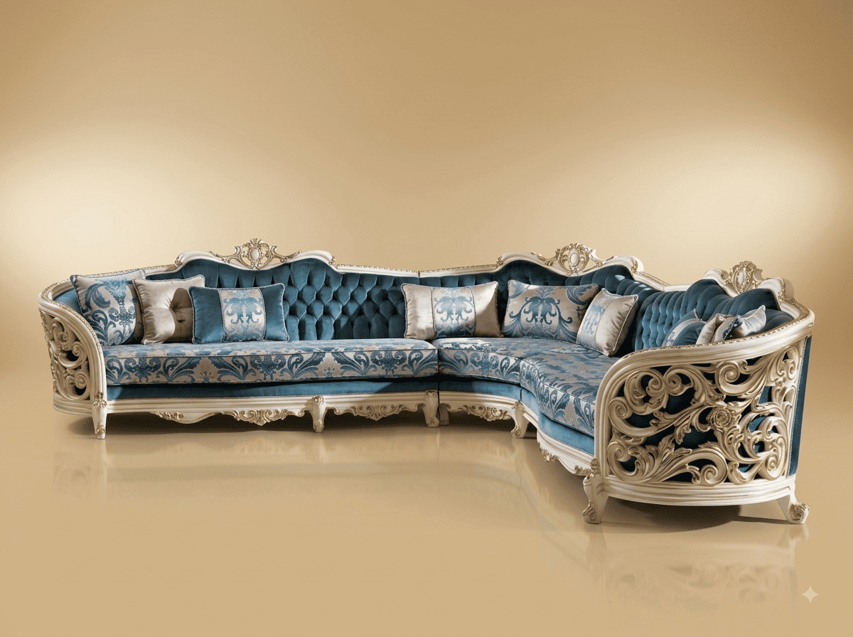 Blue Velvet Sofa in Carved Teak - White Frame with Fretwork Arms