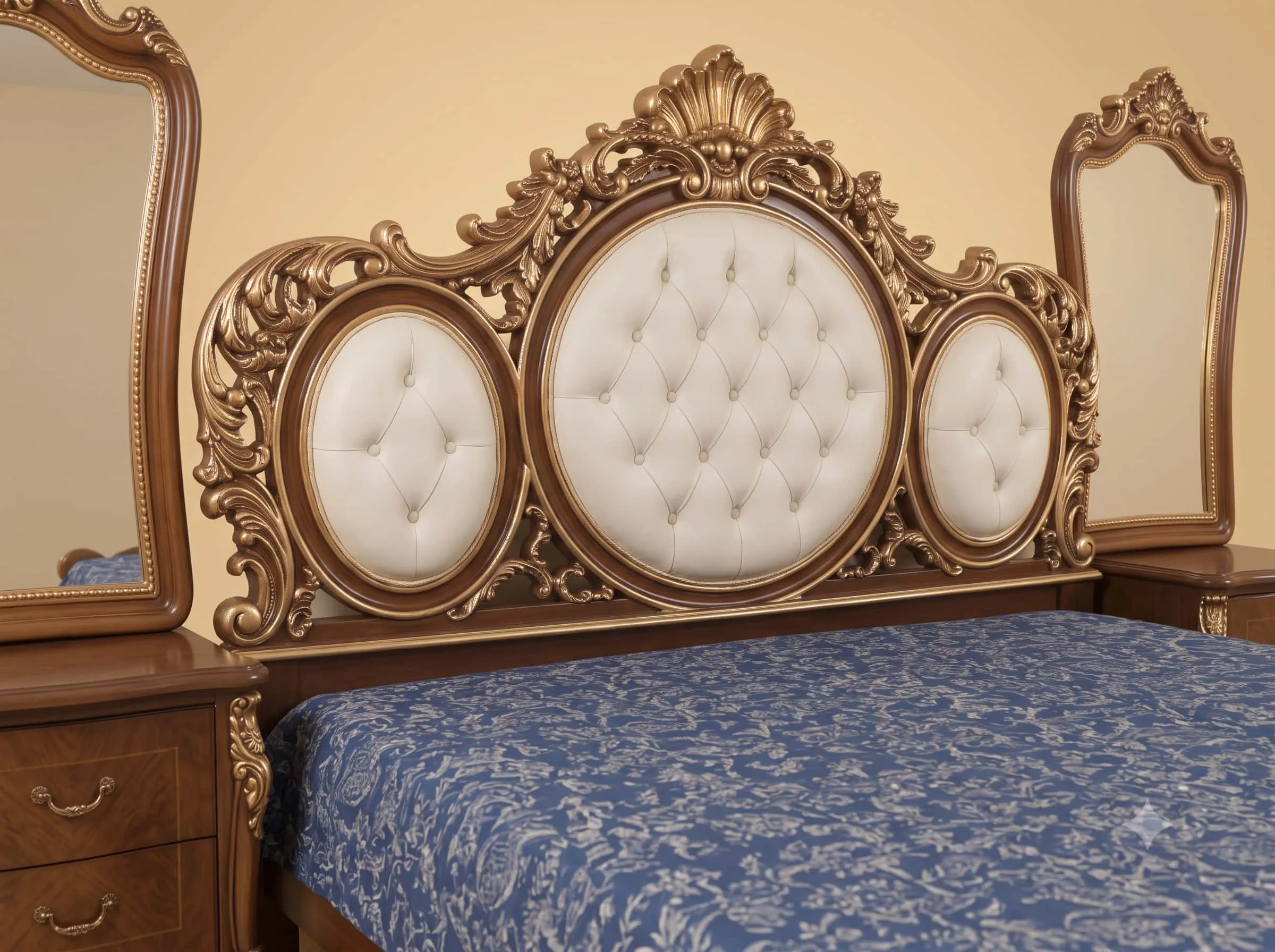Bed with Oval Tufted Headboard in Carved Teak - Brown and Gold Set