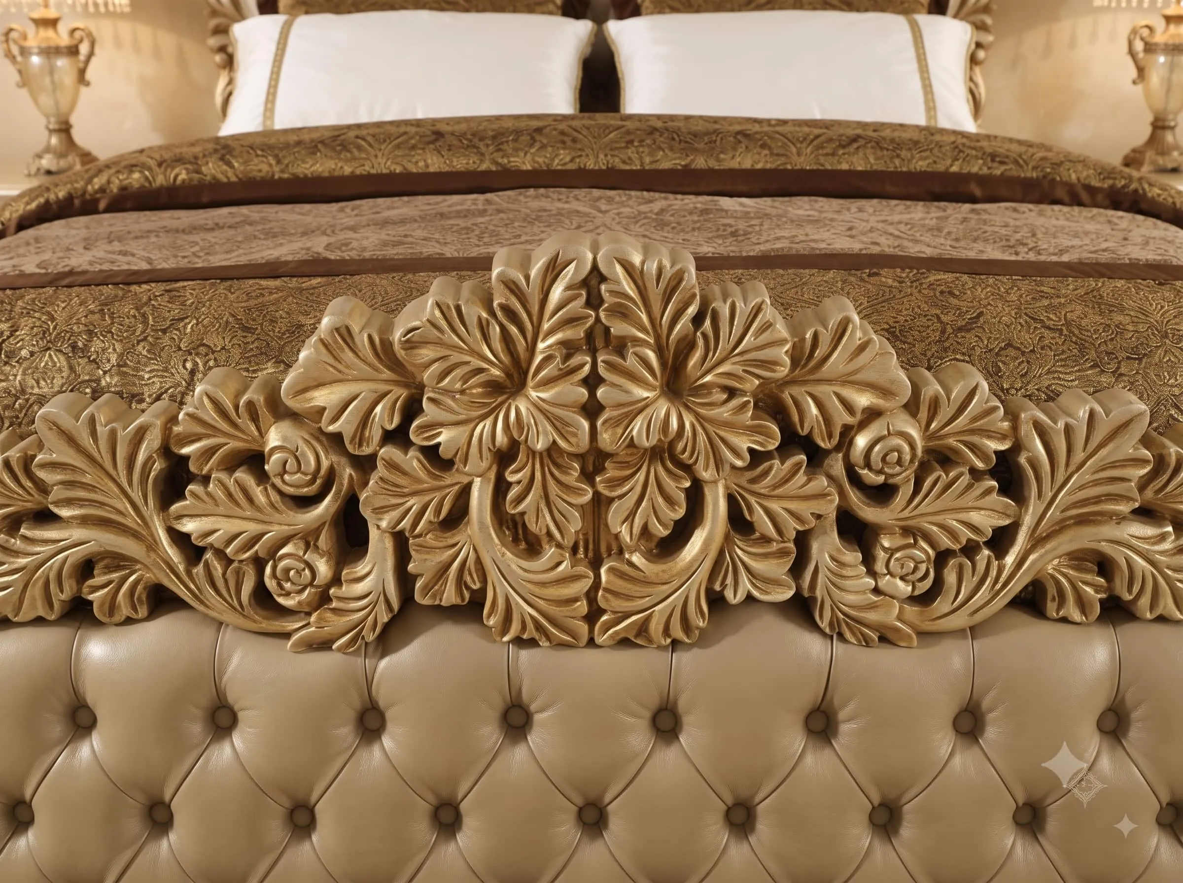 Carved Bed Design in Teak - Champagne with Leaf Garland Footboard