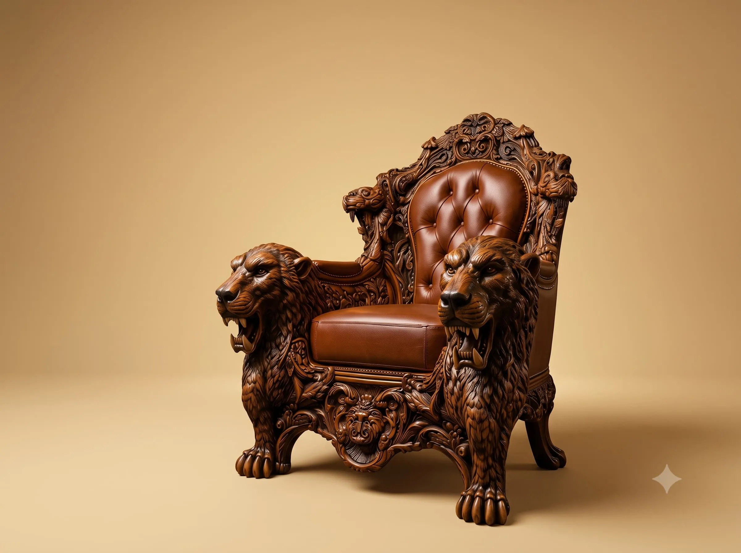 Throne Chair in Carved Teak with Lion Arms and Buttoned Leather
