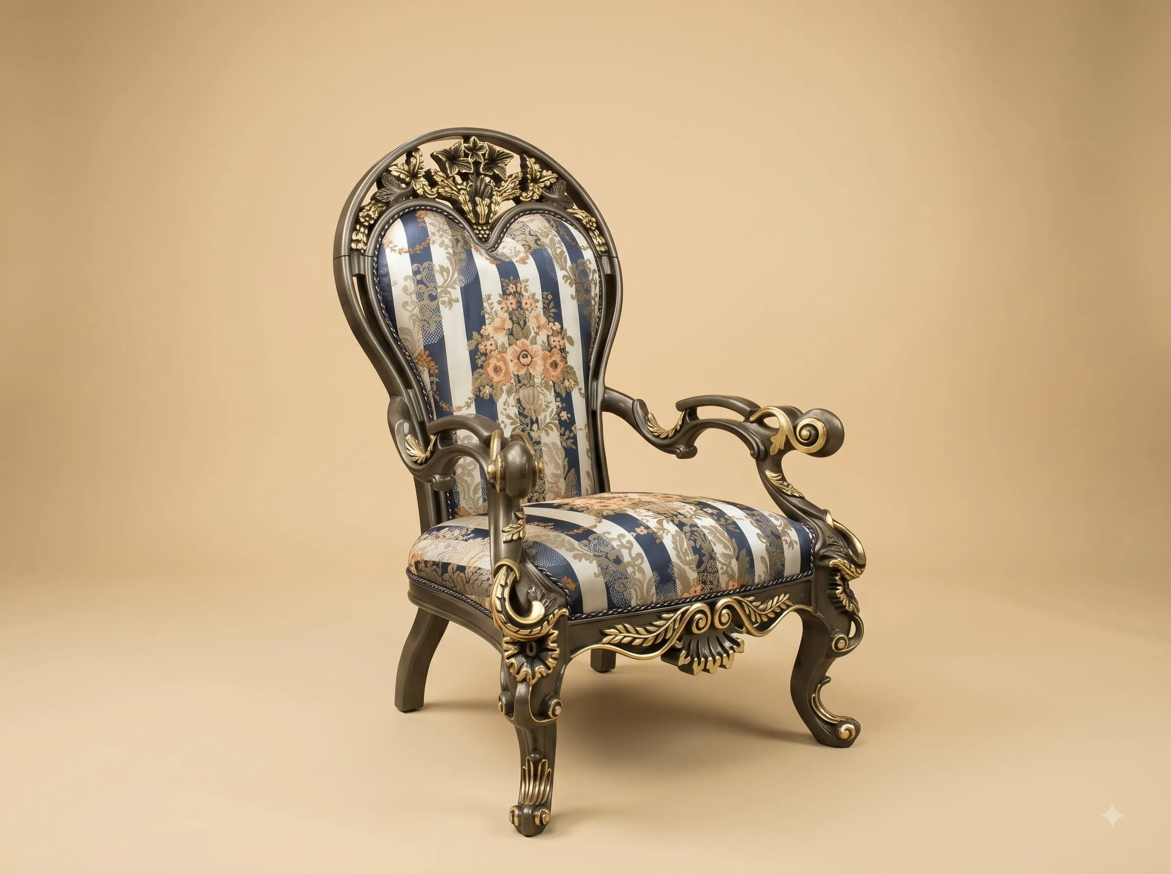 Balloon Back Chair in Carved Teak - Ebony Frame with Striped Silk