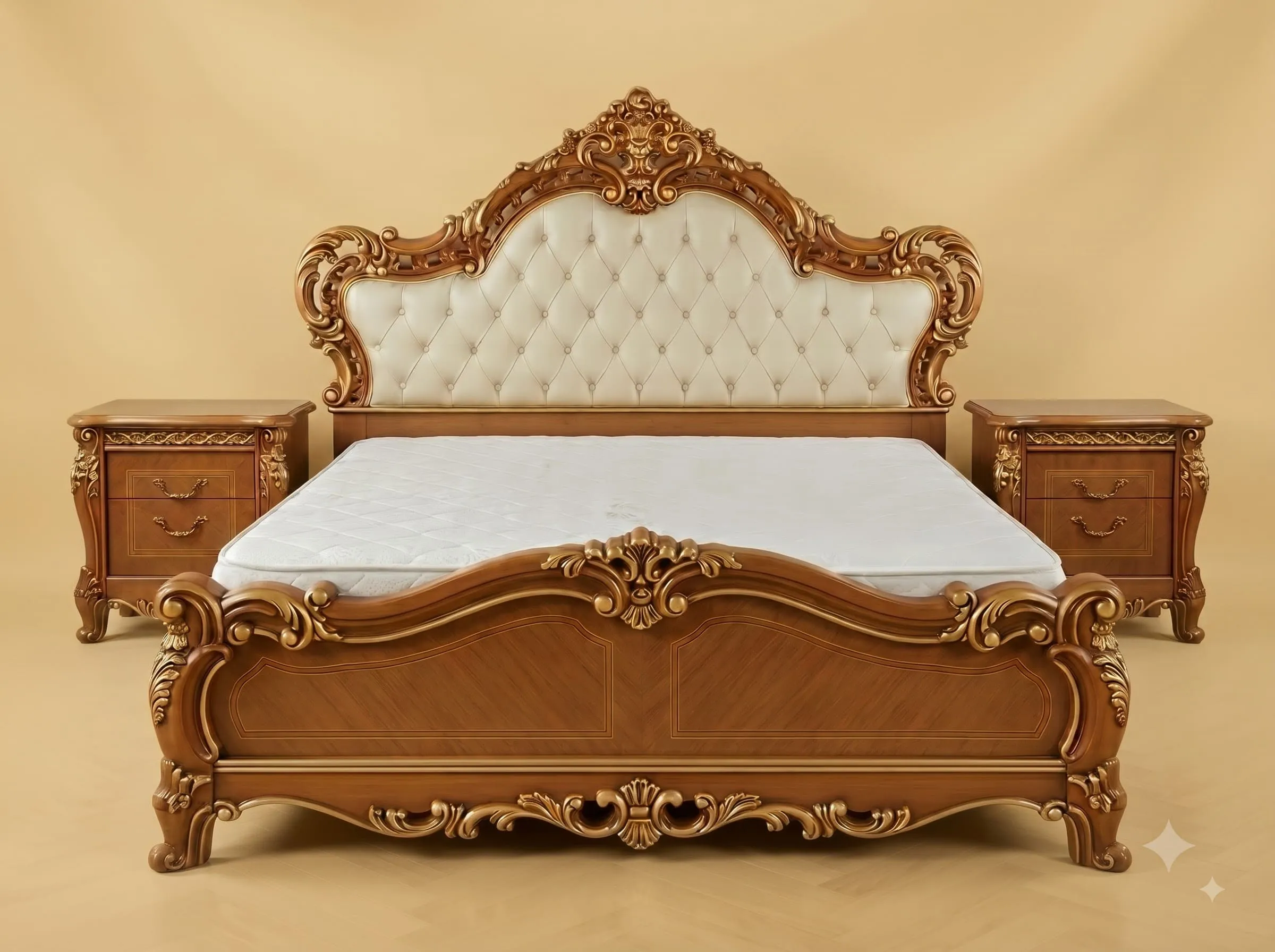 Wooden Bed with Cushion Headboard in Teak - Honey Finish with Gold