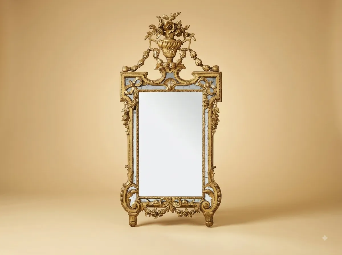 Ornate Wall Mirror in Gilded Teak with an Urn Crest and Husk Swags