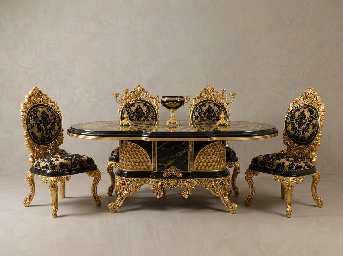 French Baroque Hand Carved Black & Gold Teak Wood Royal Dining Table Set | 6 Seater Marble Top Luxury Dining Set with Damask Chairs