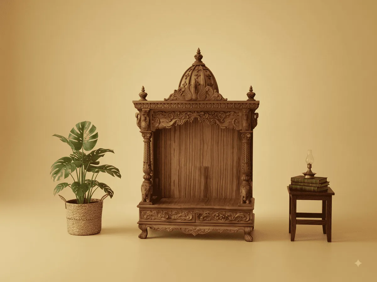Teak Mandir for Home - Single Dome with Twist Columns and Drawers