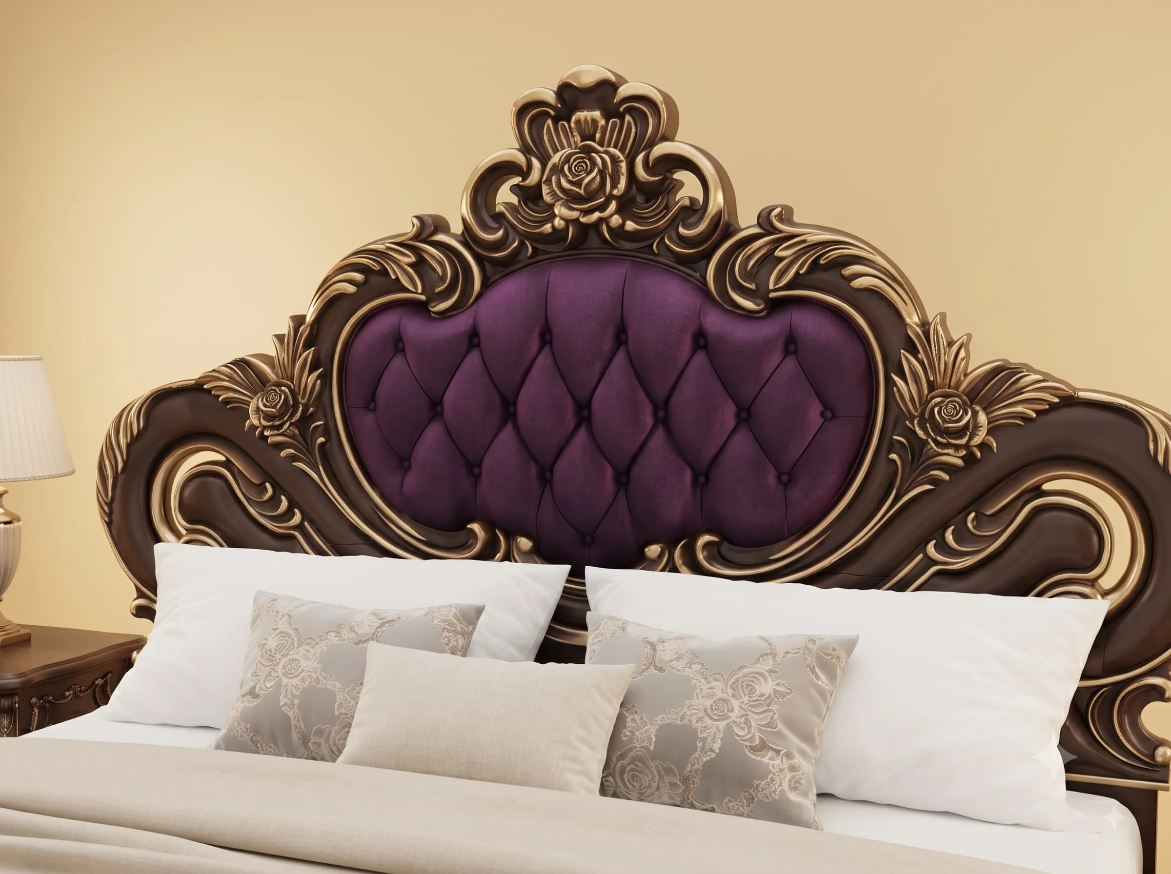 Plum Bed Design in Carved Teak - Dark Chocolate Frame with Gold Edges