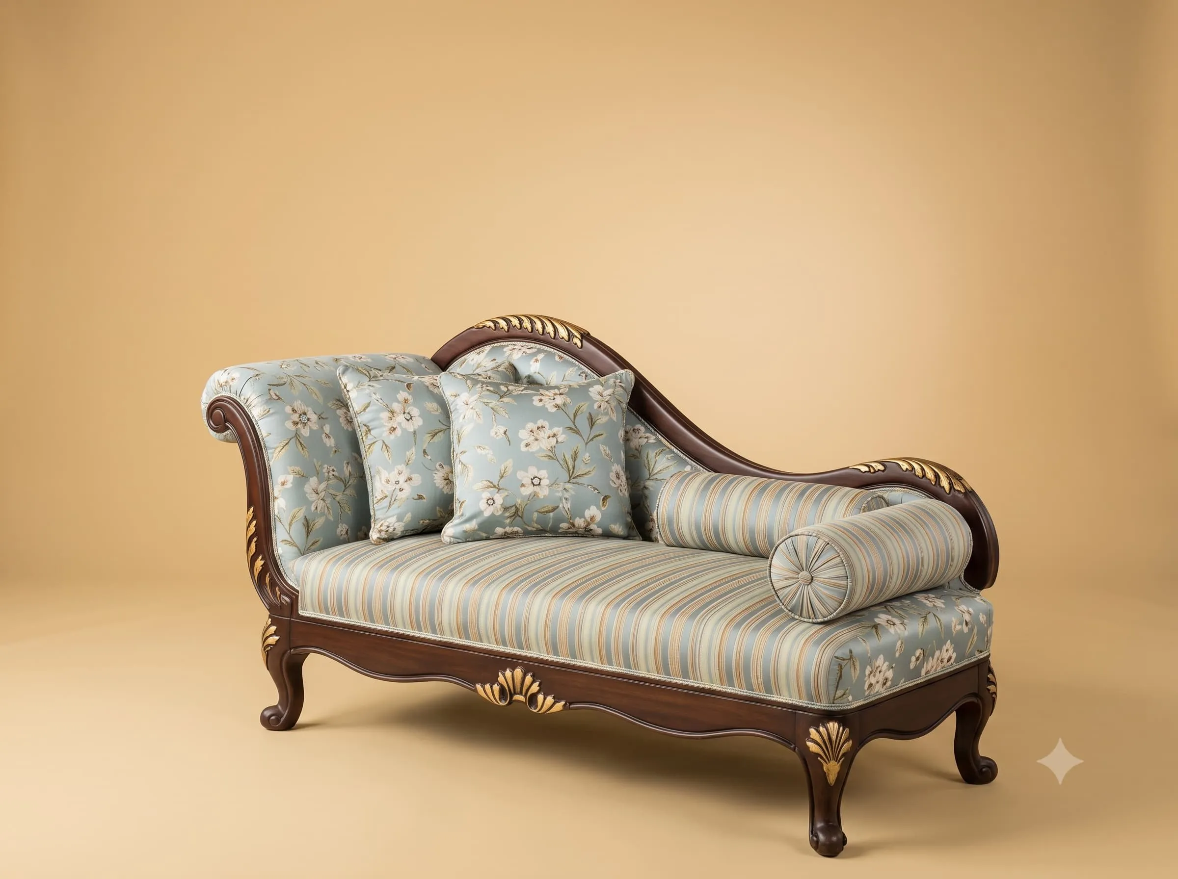 Blue Diwan in Dark Teak with Floral and Striped Upholstery