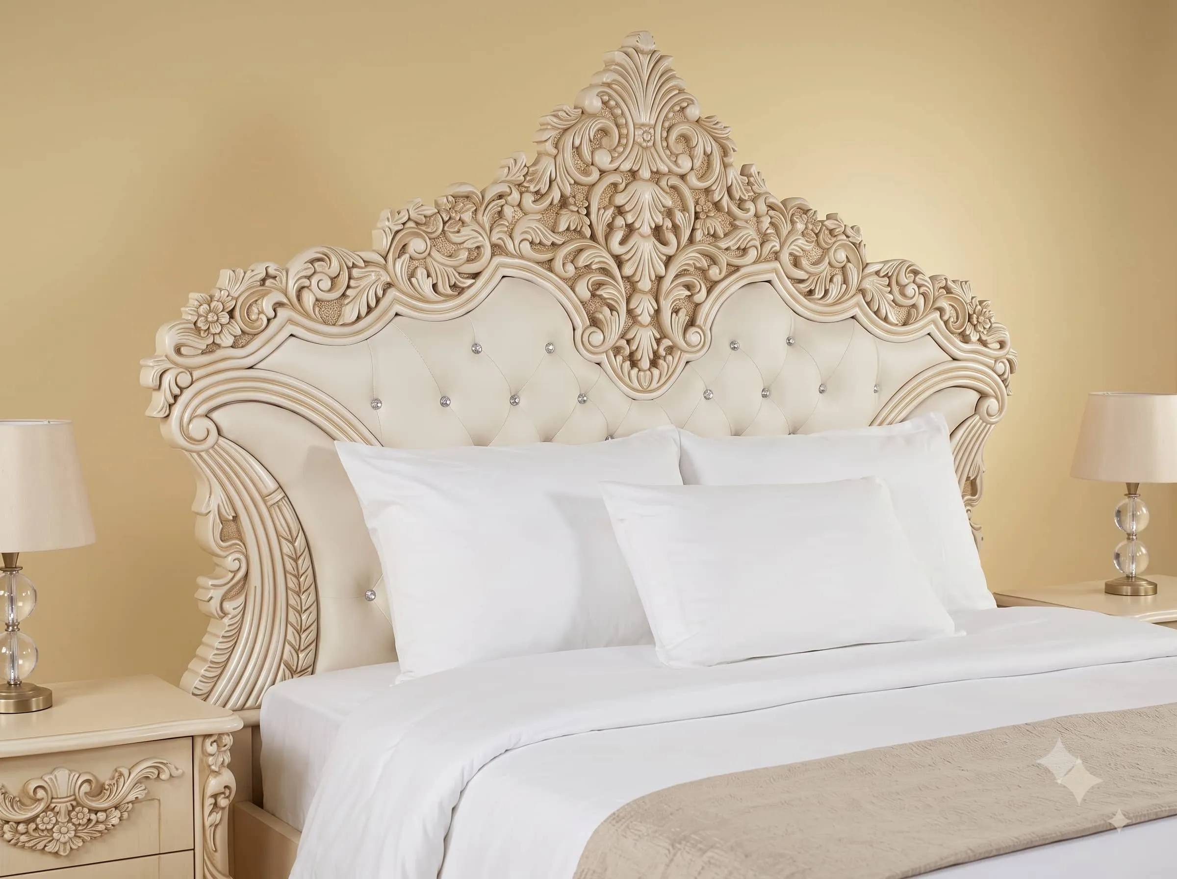 Antique White Bed in Carved Teak - Crystal Tufted Head and Footboard