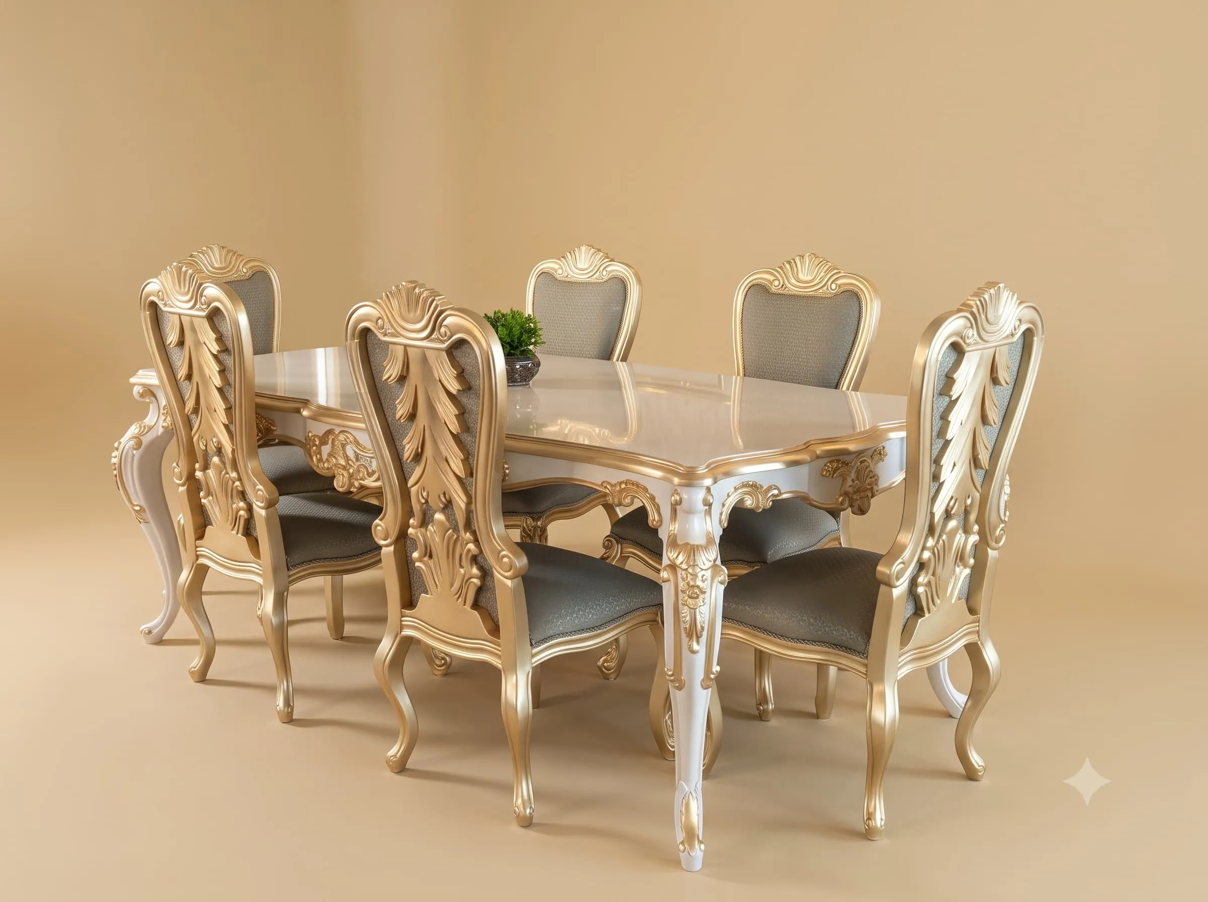 Classic Dining Table Set in Carved Teak with Leaf Carved Backs
