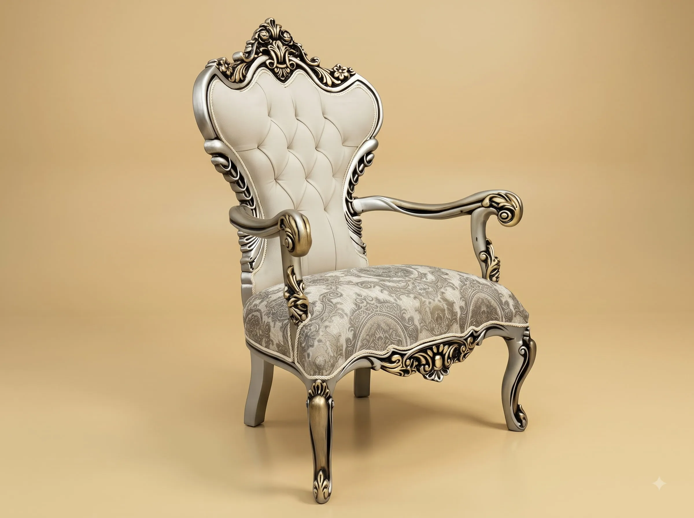 Royal Chair in Carved Teak - Silver with Buttoned Leather Back