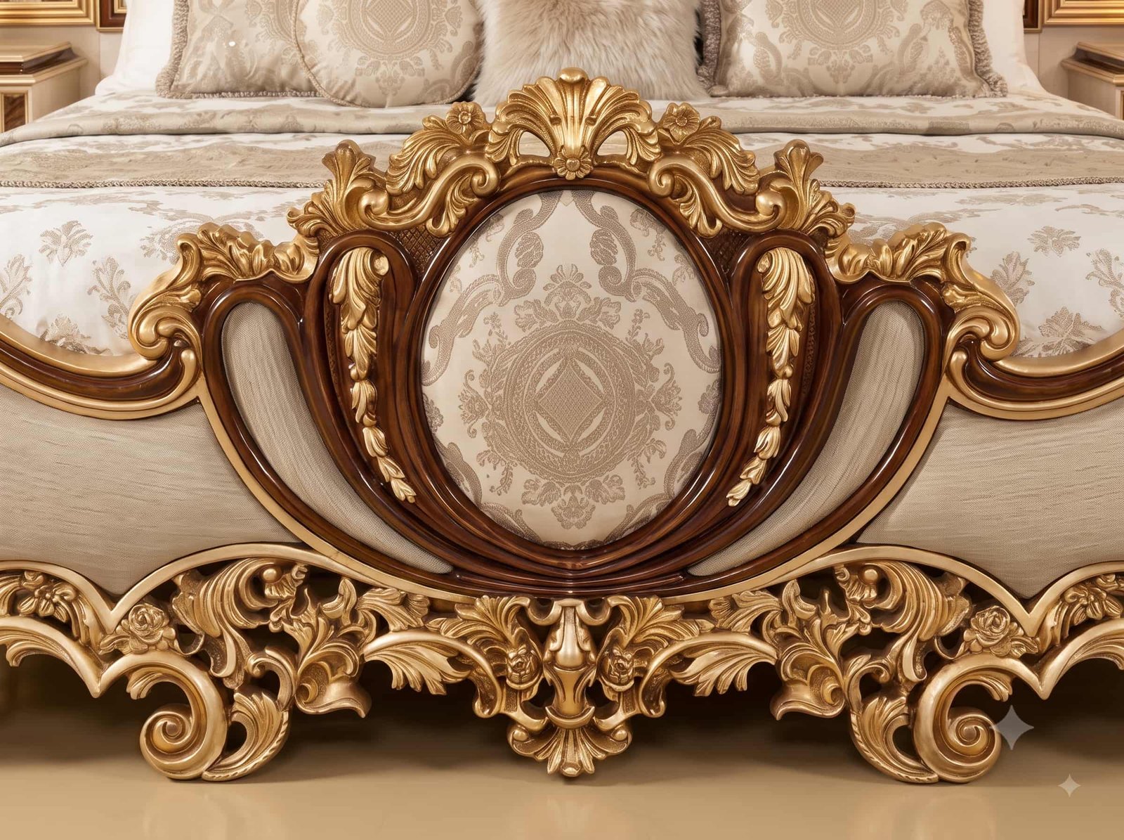 Wide Headboard Bed in Carved Teak - Gold and Rosewood Bedroom Set - Image 2