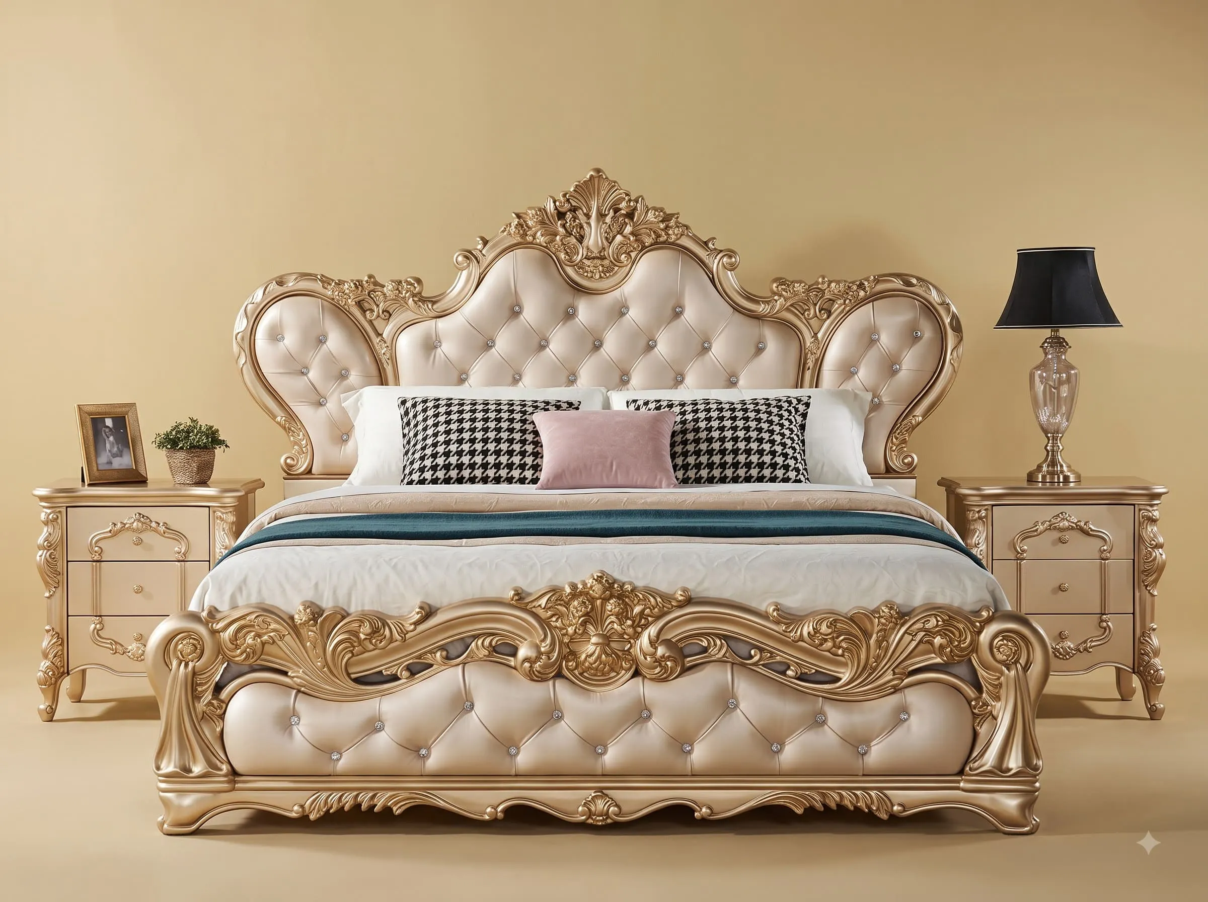 Wing Headboard King Size Bed in Carved Teak - Champagne Gold with Side Tables