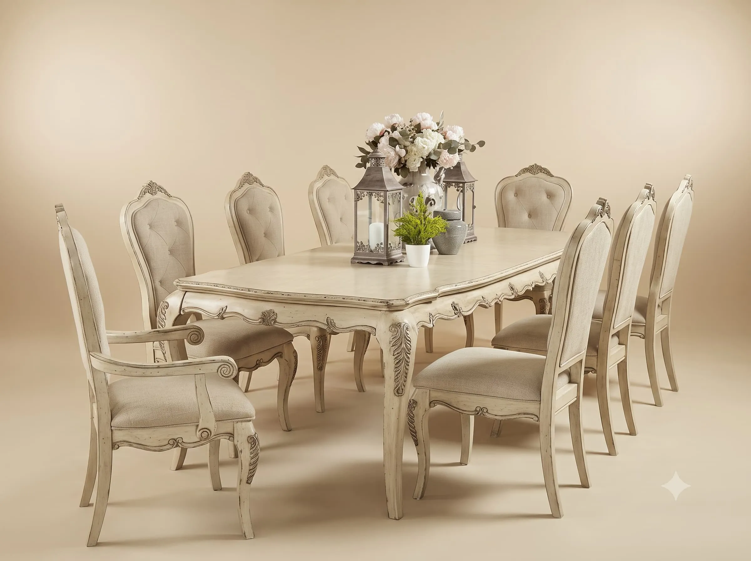 10 Seater Dining Table in Carved Teak with Antiqued Ivory Finish