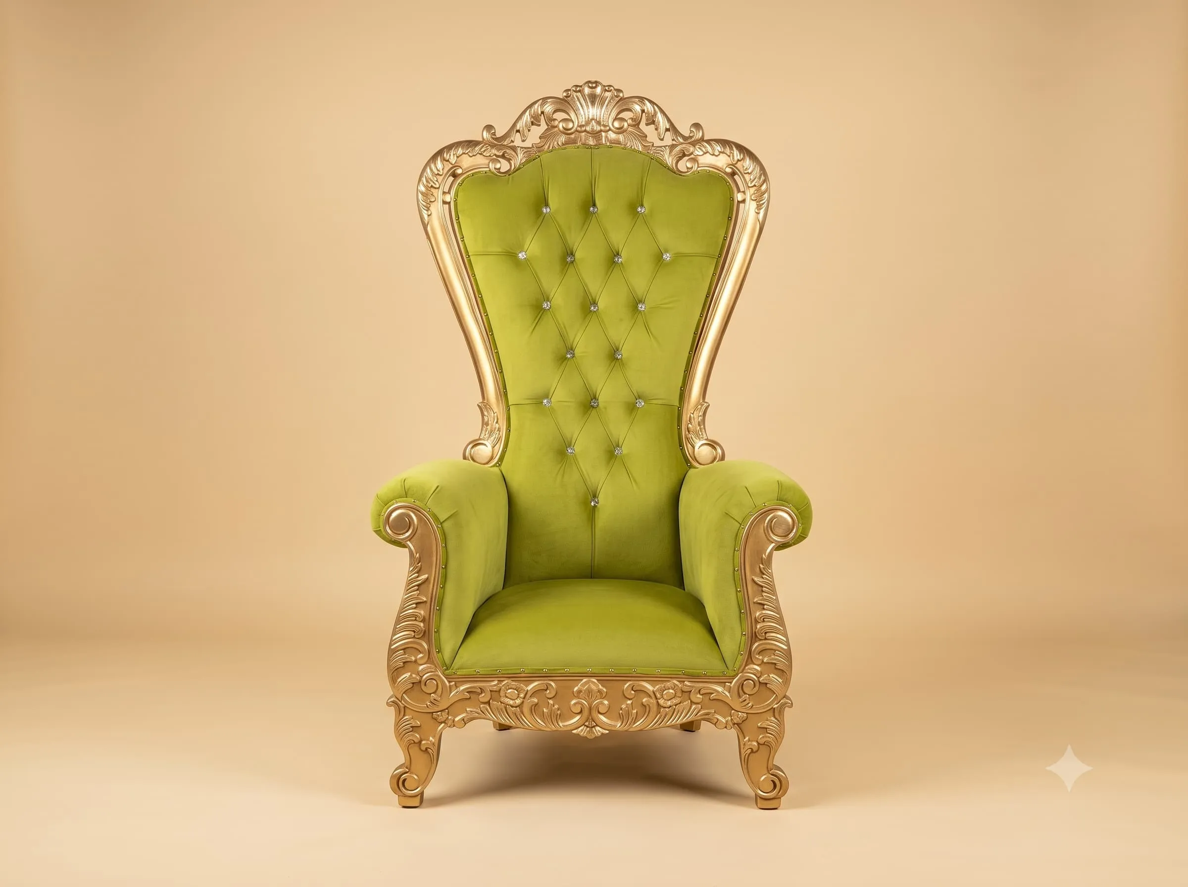 Green Velvet Chair with Tall Carved Teak Back and Crystal Buttons