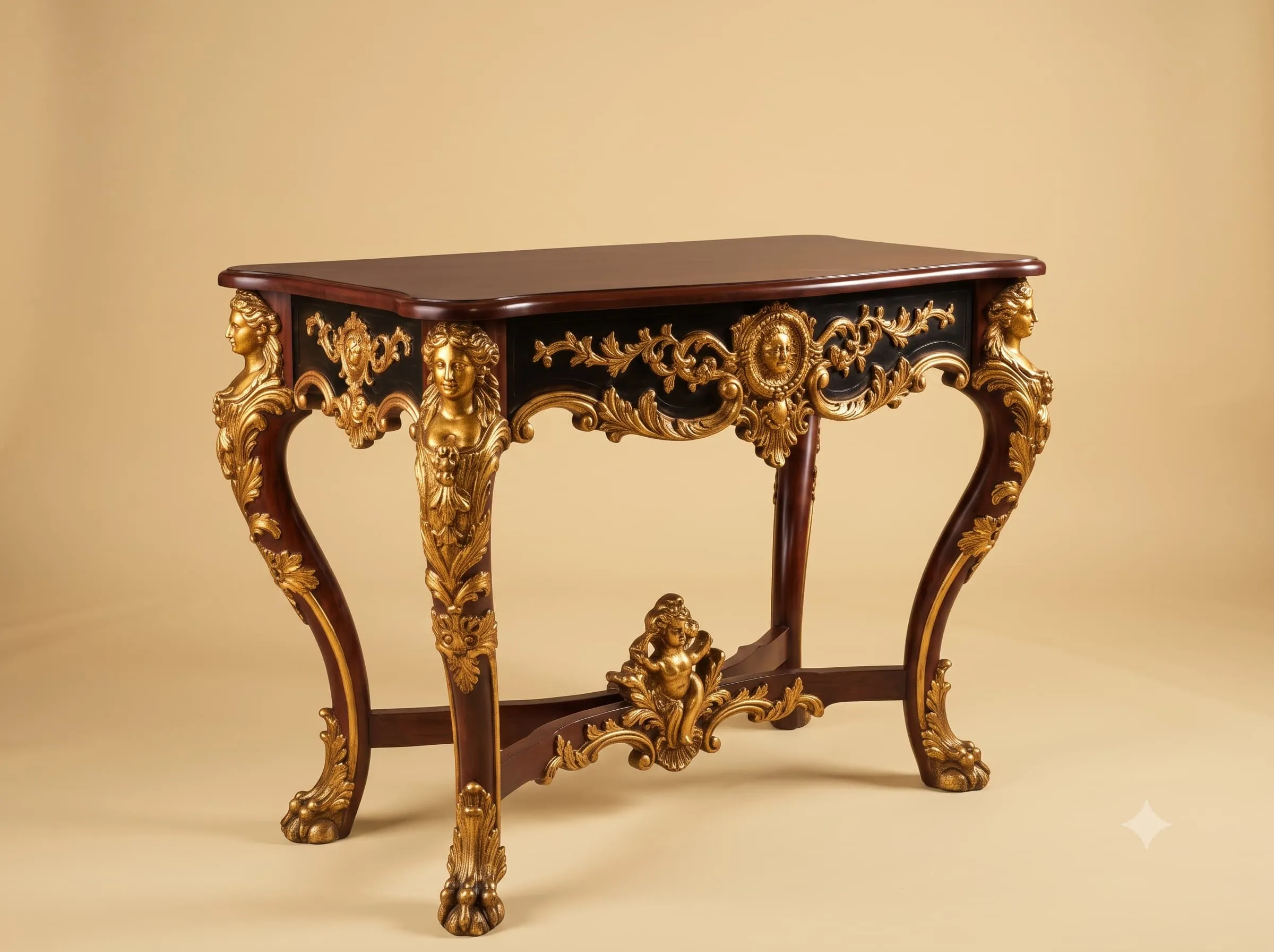 Brown and Gold Console Table in Carved Teak with Cherub Stretcher
