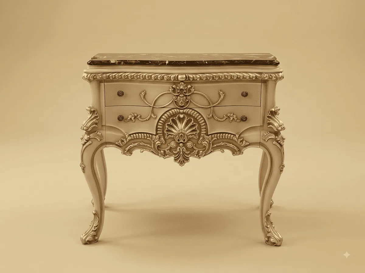 End Table in Carved Teak - Cream with Dark Marble Top and Shell Apron
