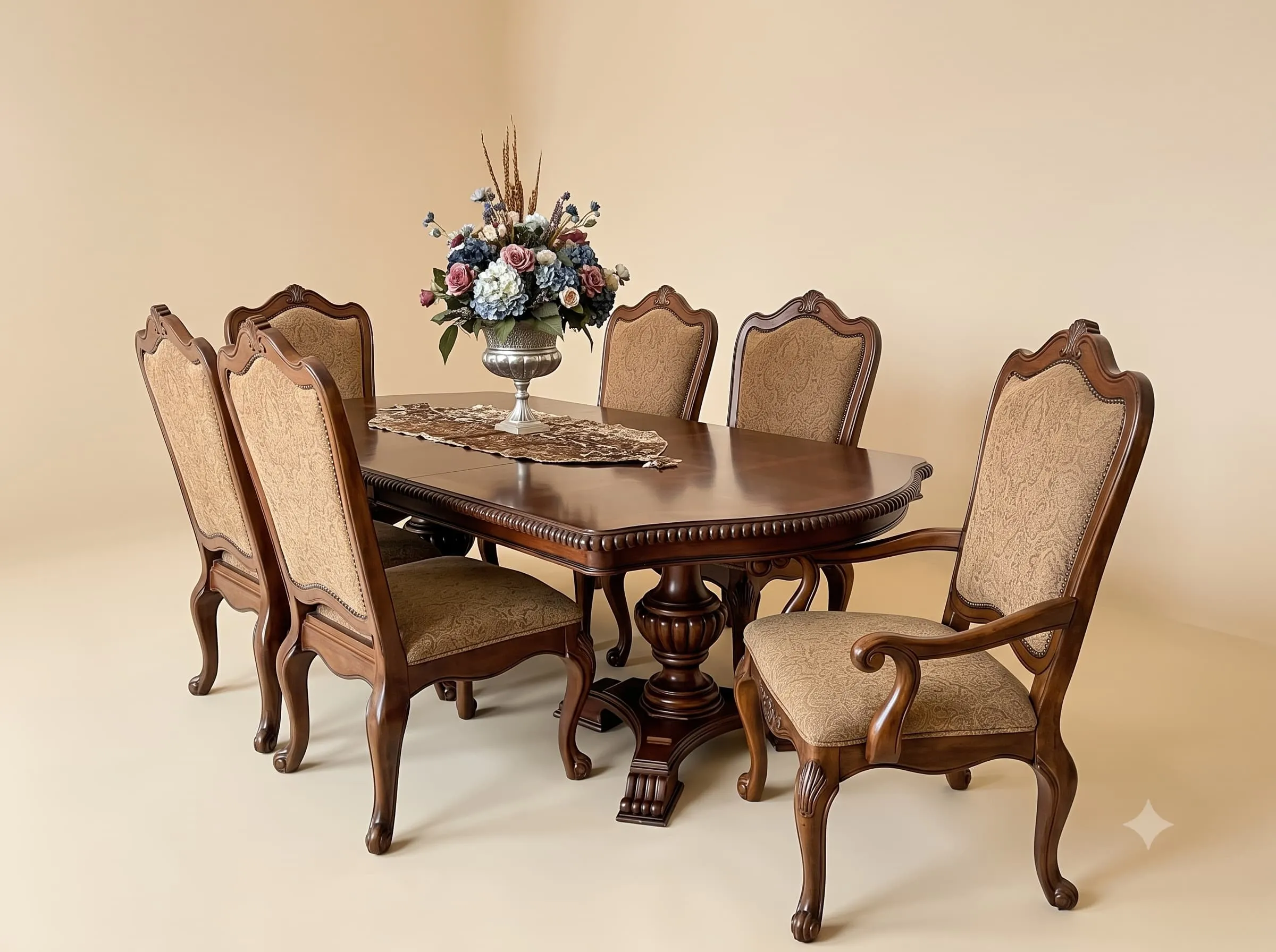 Wooden Dining Table Set in Solid Teak with Double Pedestal Base