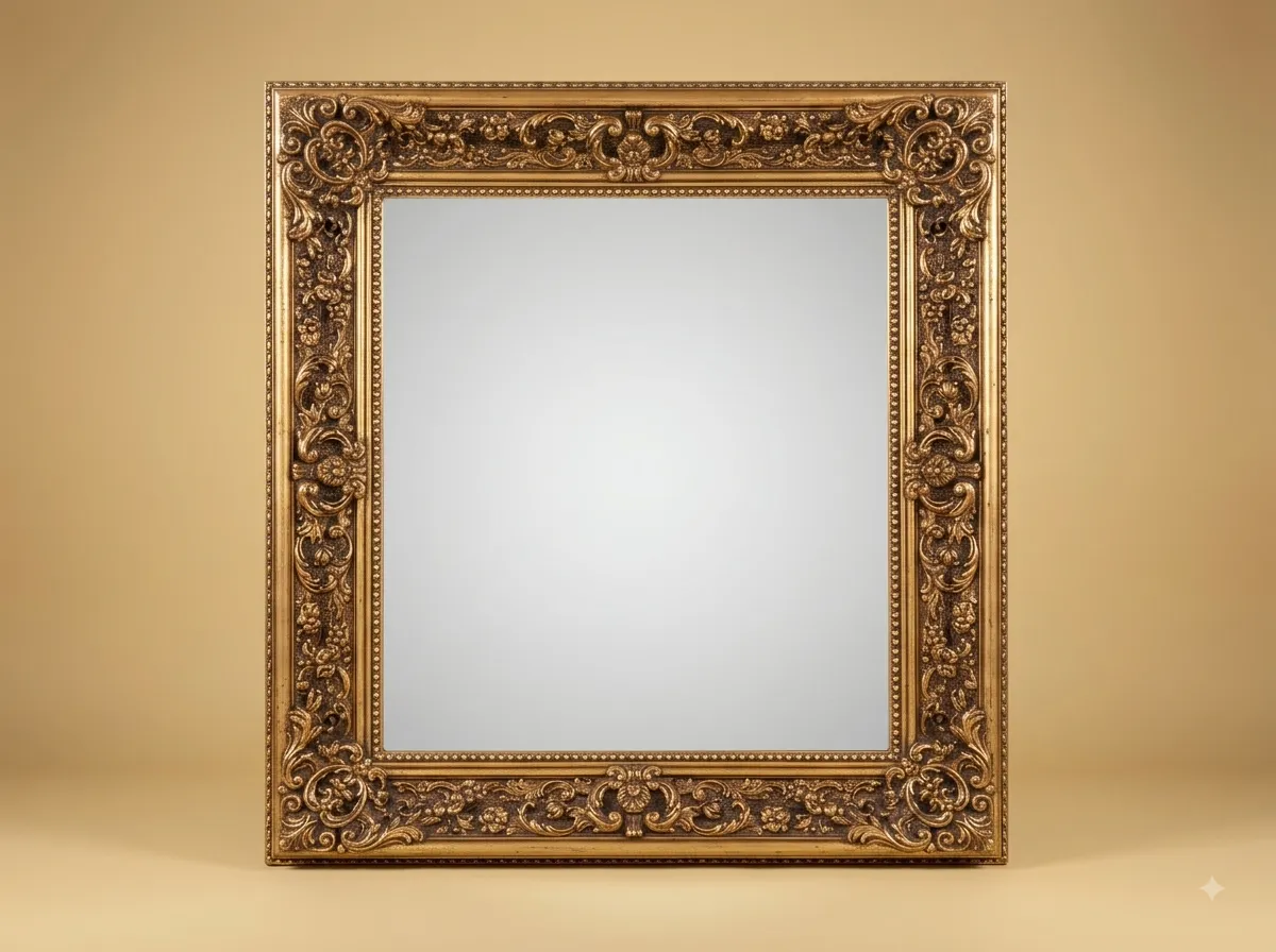 Framed Wall Mirror in Gilded Teak with a Carved Floral Border