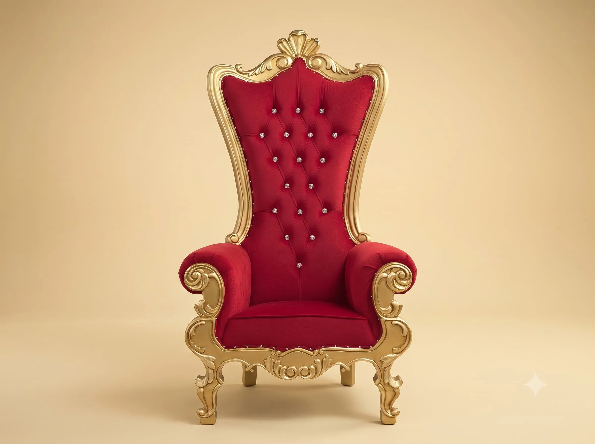 Red Throne Chair in Carved Teak with Studded Edges and a Gilded Frame