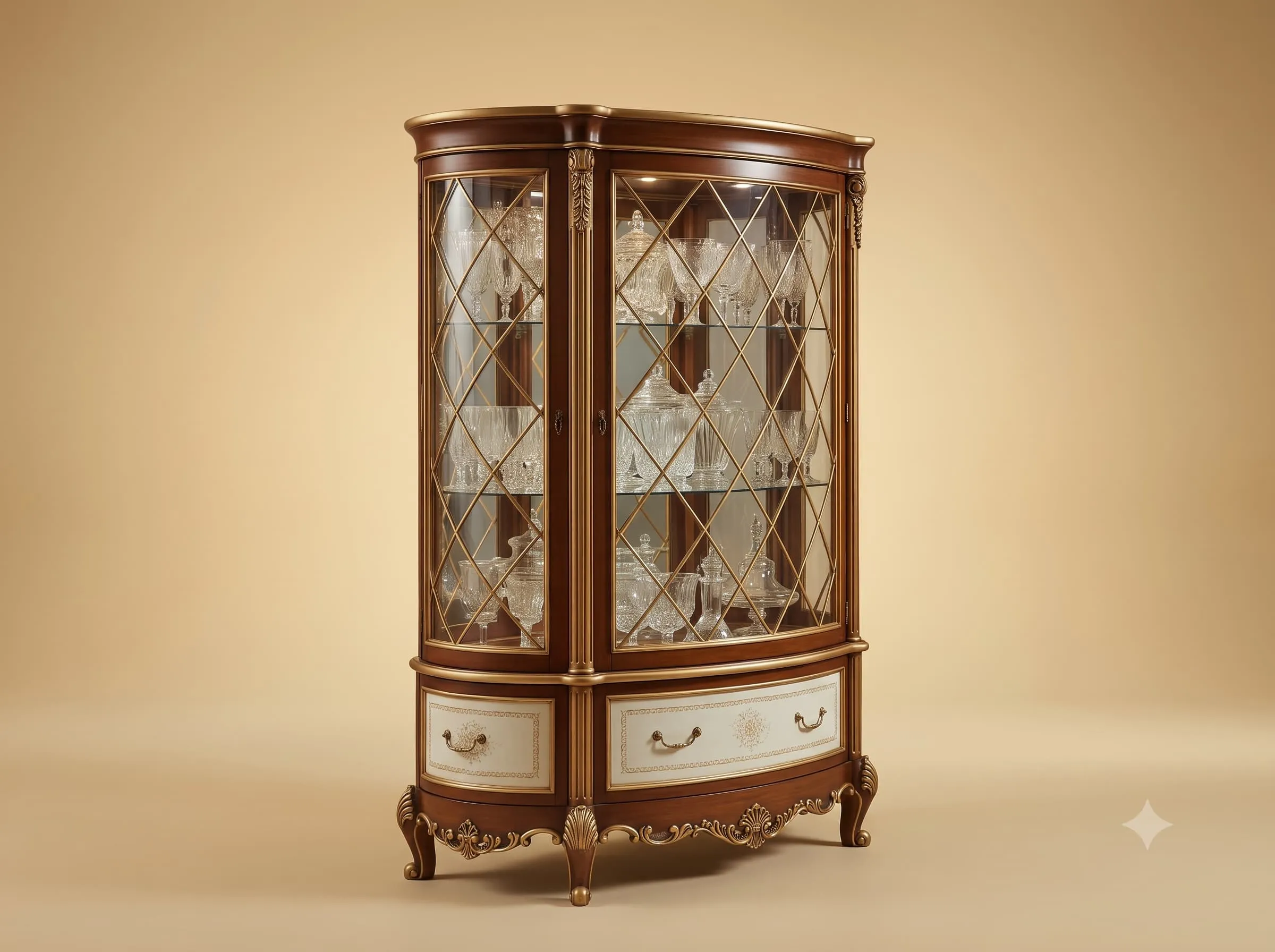 Crystal Display Cabinet in Walnut and Cream with Lattice Glazing