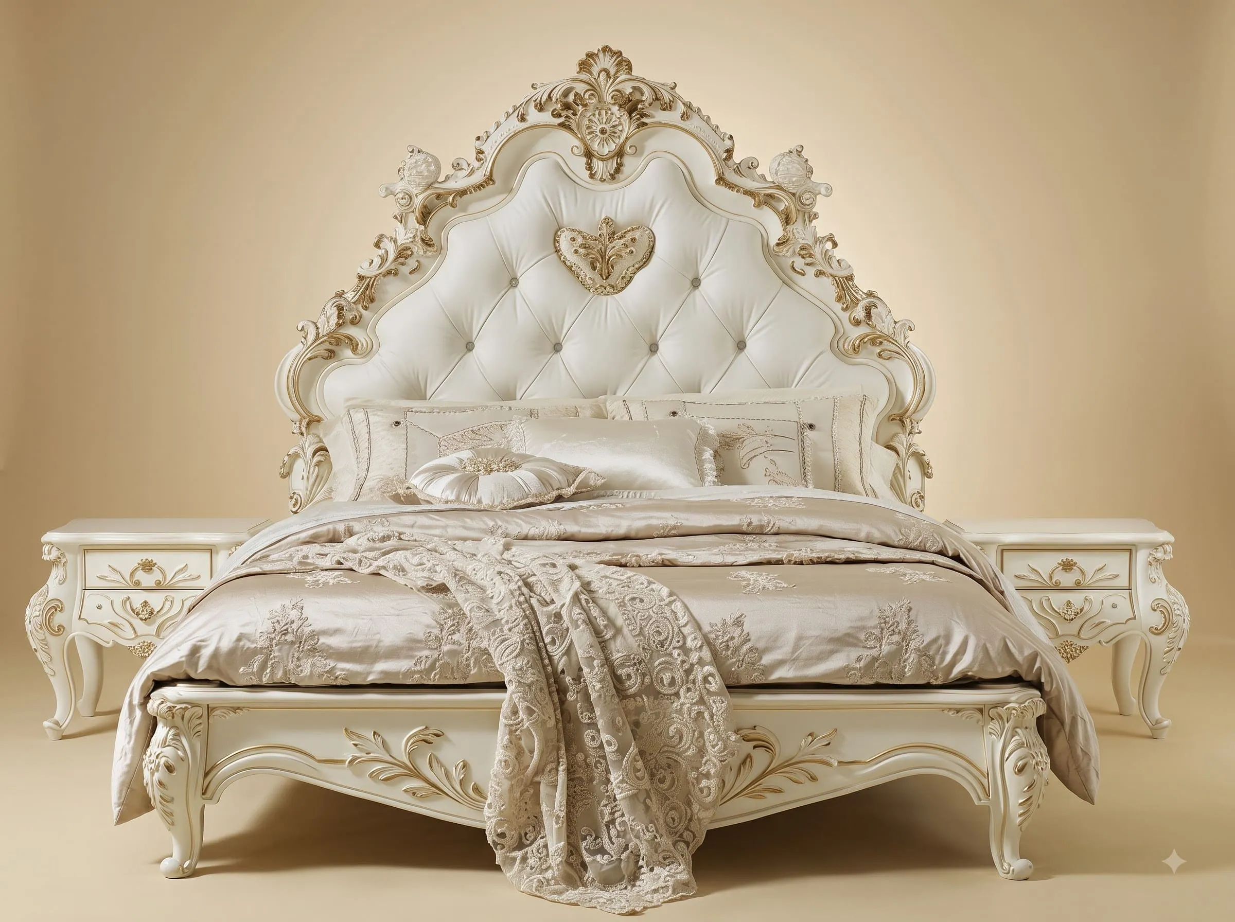 French Style Bed in Carved Teak - Ivory with Buttoned Headboard