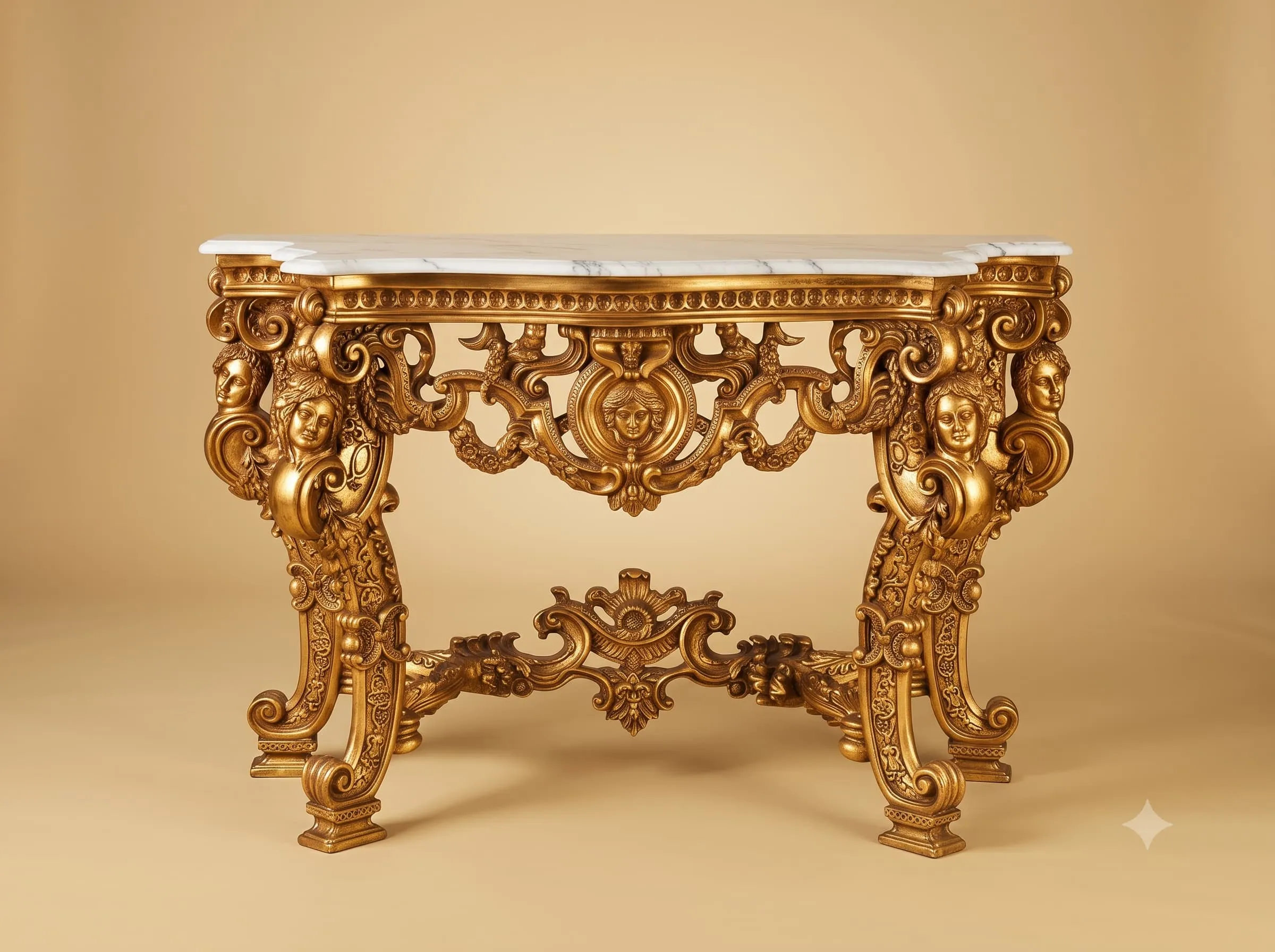 White Marble Console Table in Gilded Teak with Carved Masks