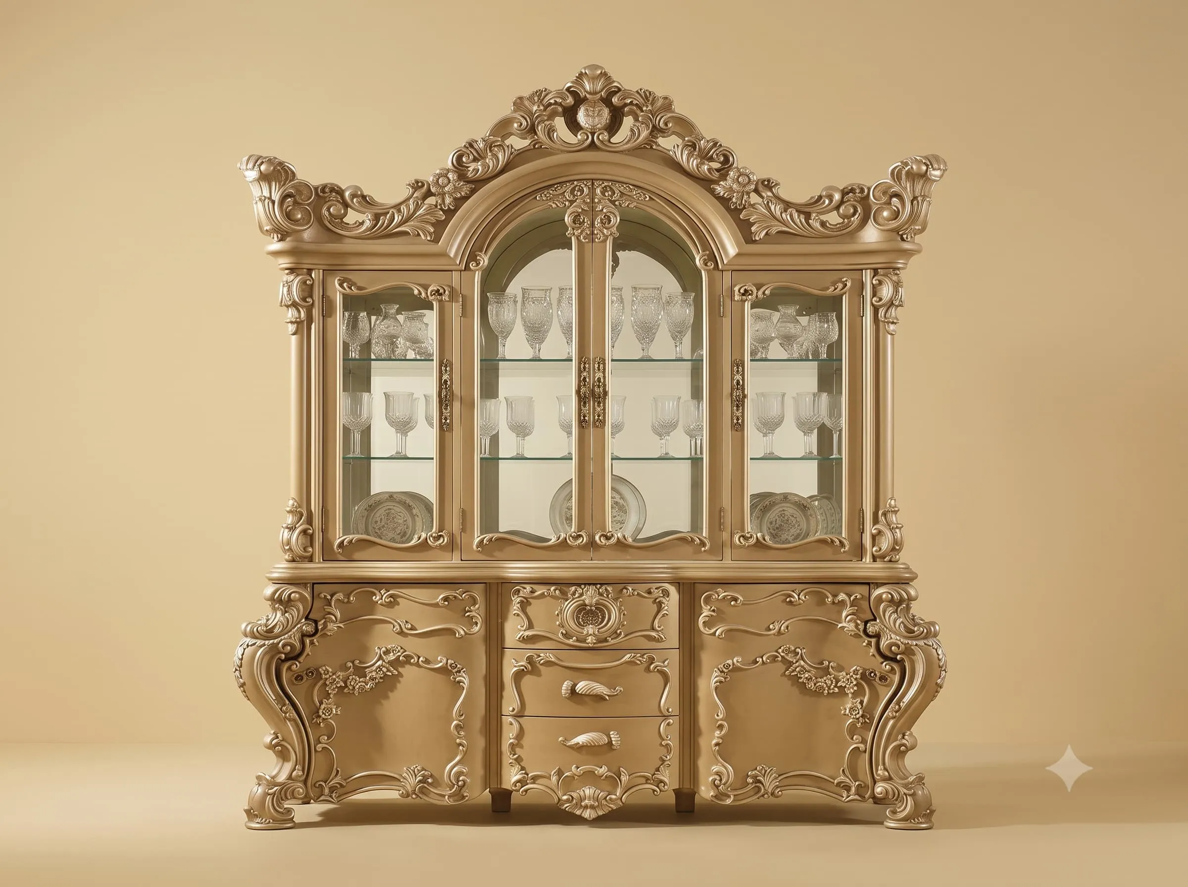 Glass Almirah in Champagne Gold with Arched Centre Display Bay