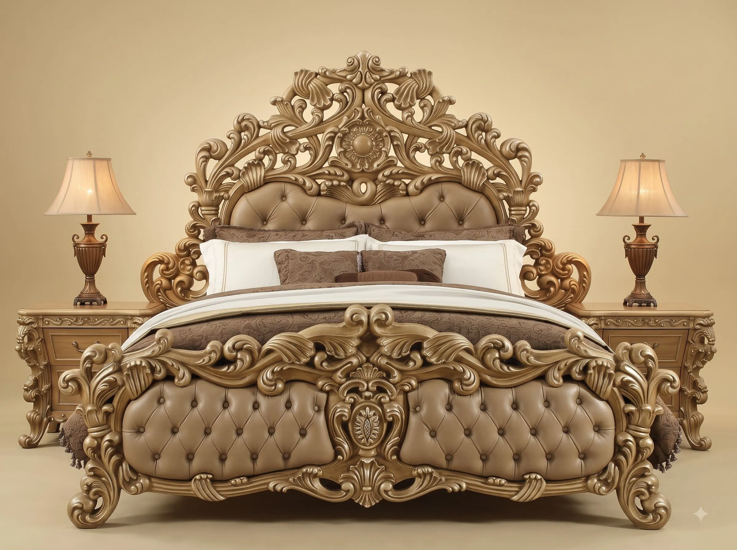 King Bed Design in Carved Teak - Taupe Leather and Pierced Crest