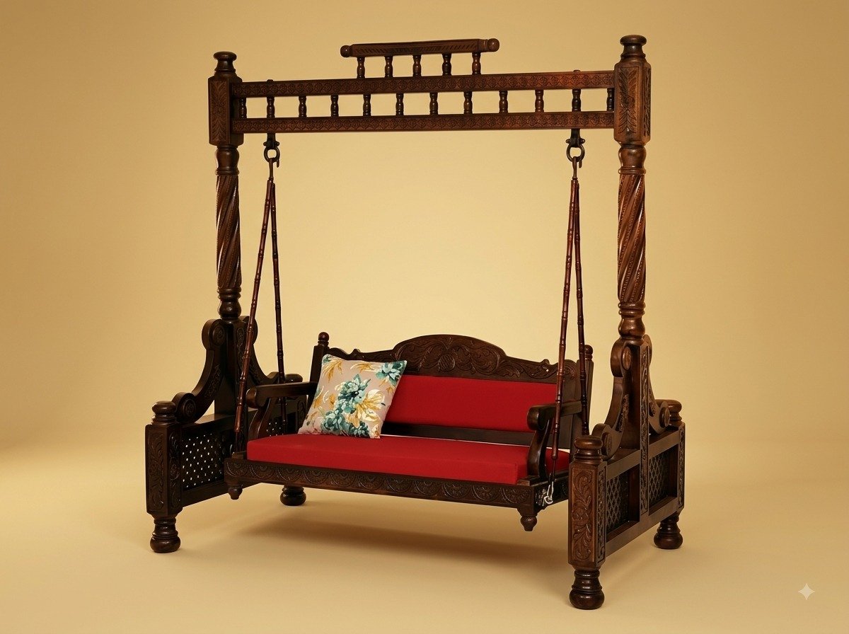 Indoor Swing for Home in Carved Teak - 2 Seater Jhula with Stand