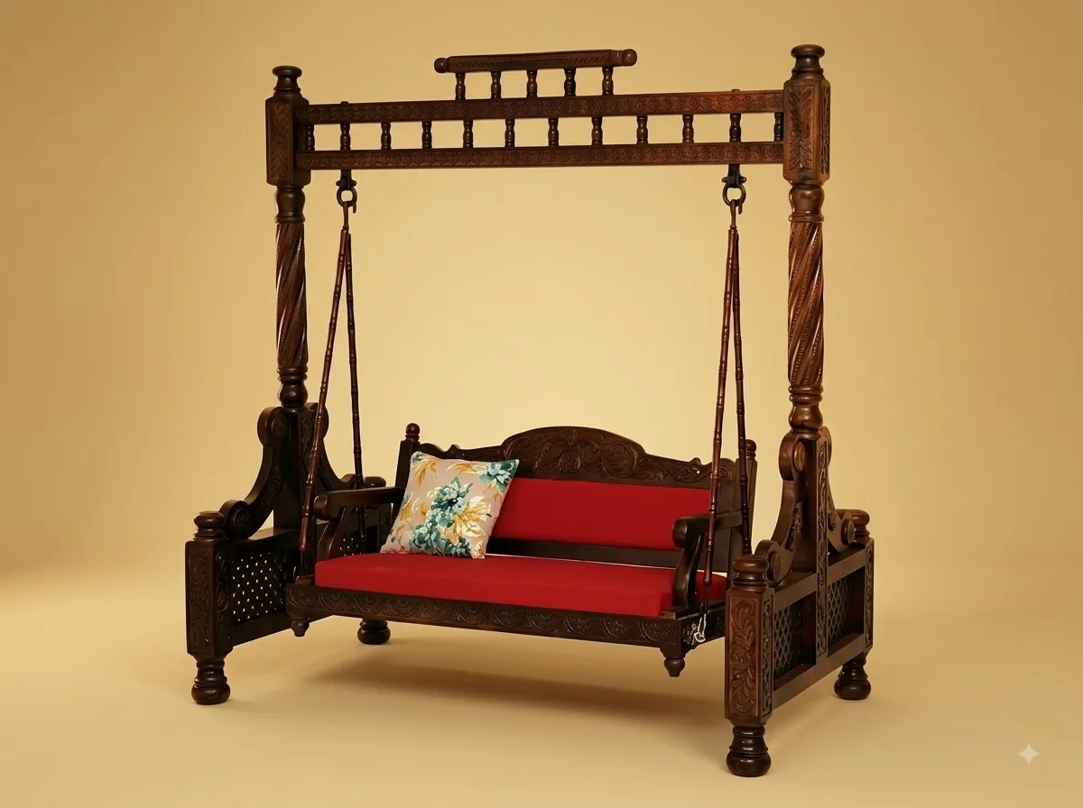 Indoor Swing for Home in Carved Teak - 2 Seater Jhula with Stand