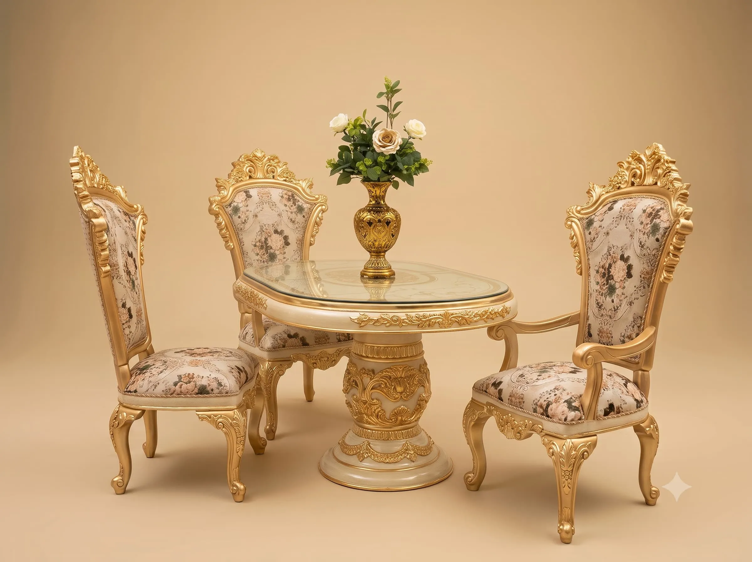 Breakfast Table Set in Carved Teak with Tall Floral Chairs