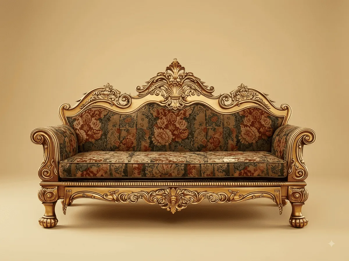 Teak Wood Settee - 3 Seater Gold Carved Frame in Floral Tapestry