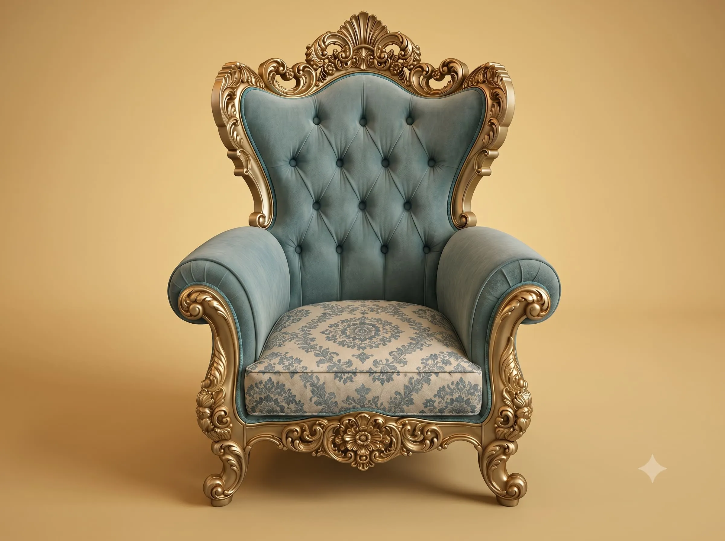 Blue Velvet Chair in Carved Teak with a Gilded Frame and Damask Seat